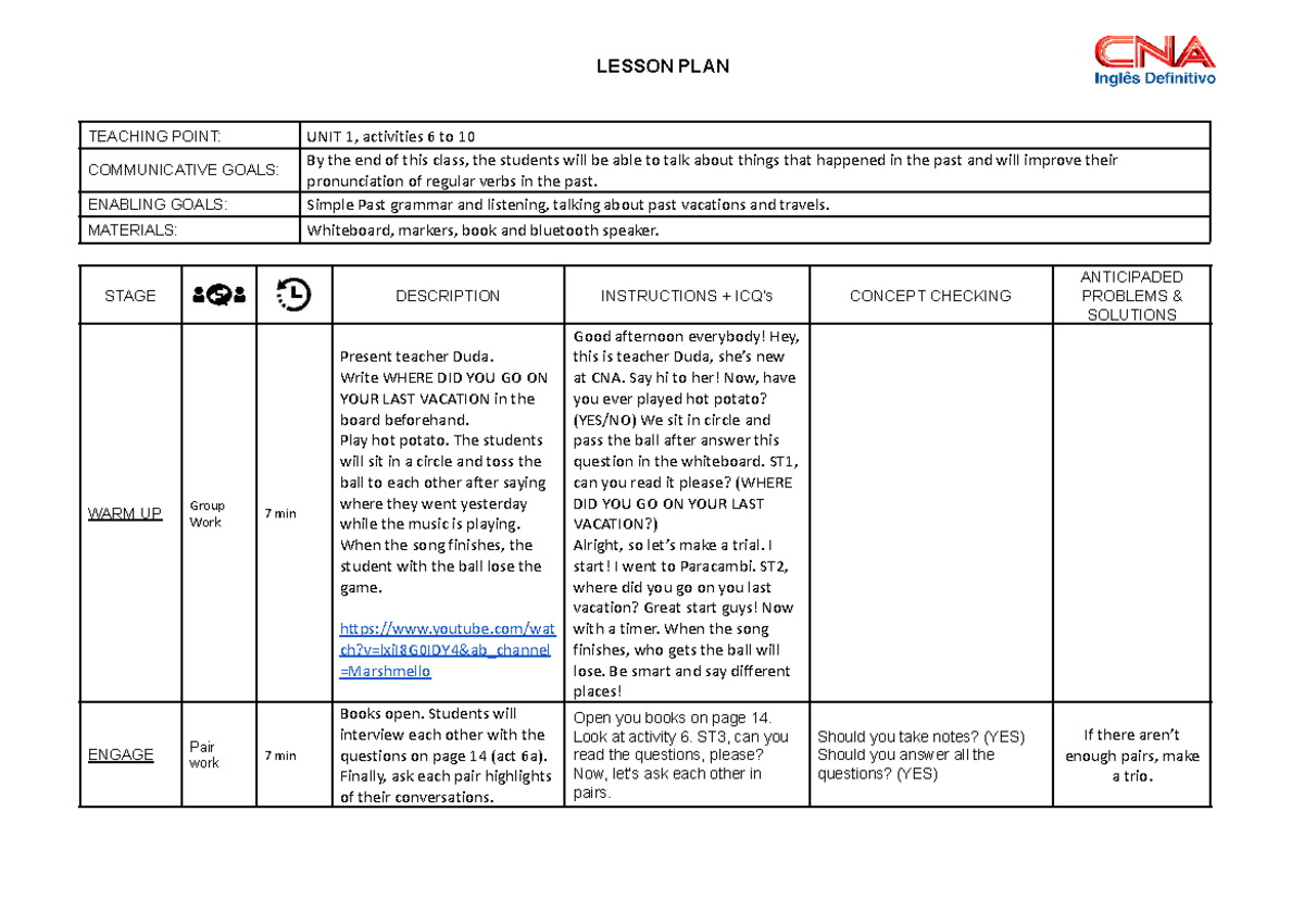 CNA Inter 1 Lesson Plan: Unit 1 - Past Tense Activities - Studocu