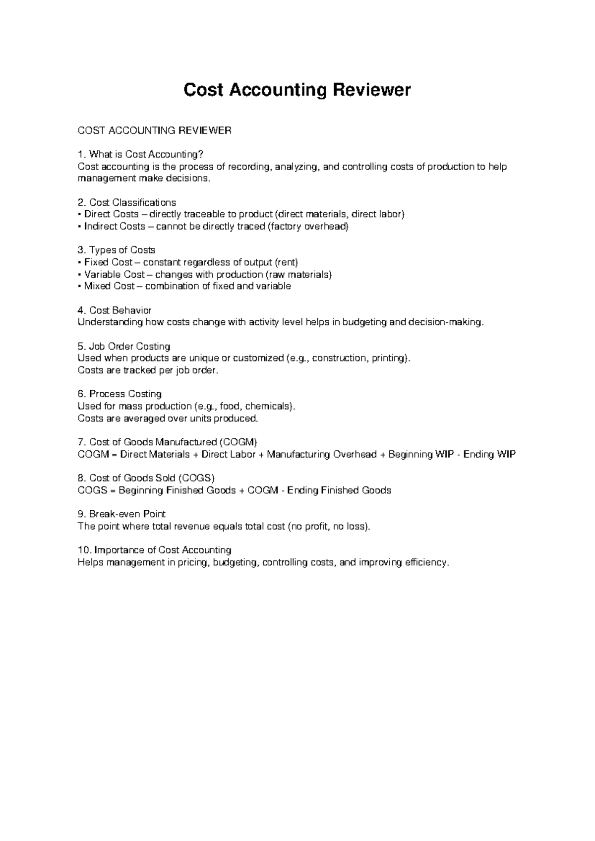 Cost Accounting Review Notes: Key Concepts & Classifications - Studocu