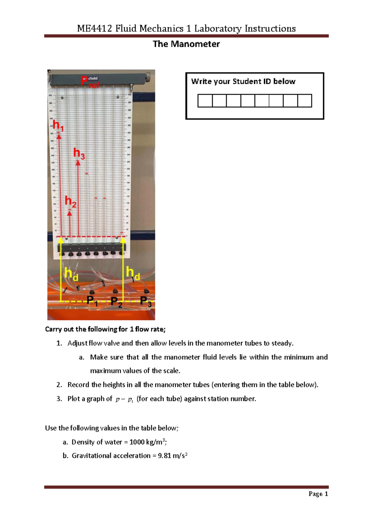 ME4412 Fluid Mechanics 1 Manometer Lab Instructions - Studocu
