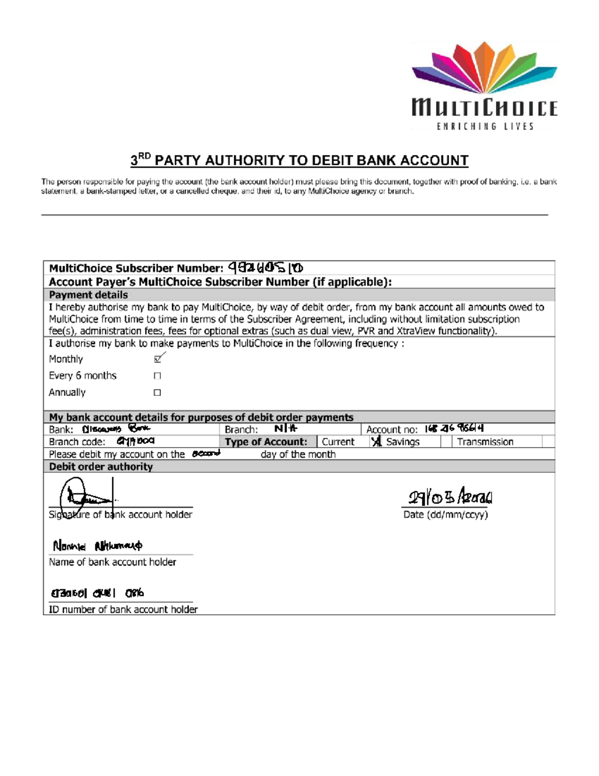 MULTICHOICE AUTHORITY TO DEBIT BANK ACCOUNT FORM - Studocu