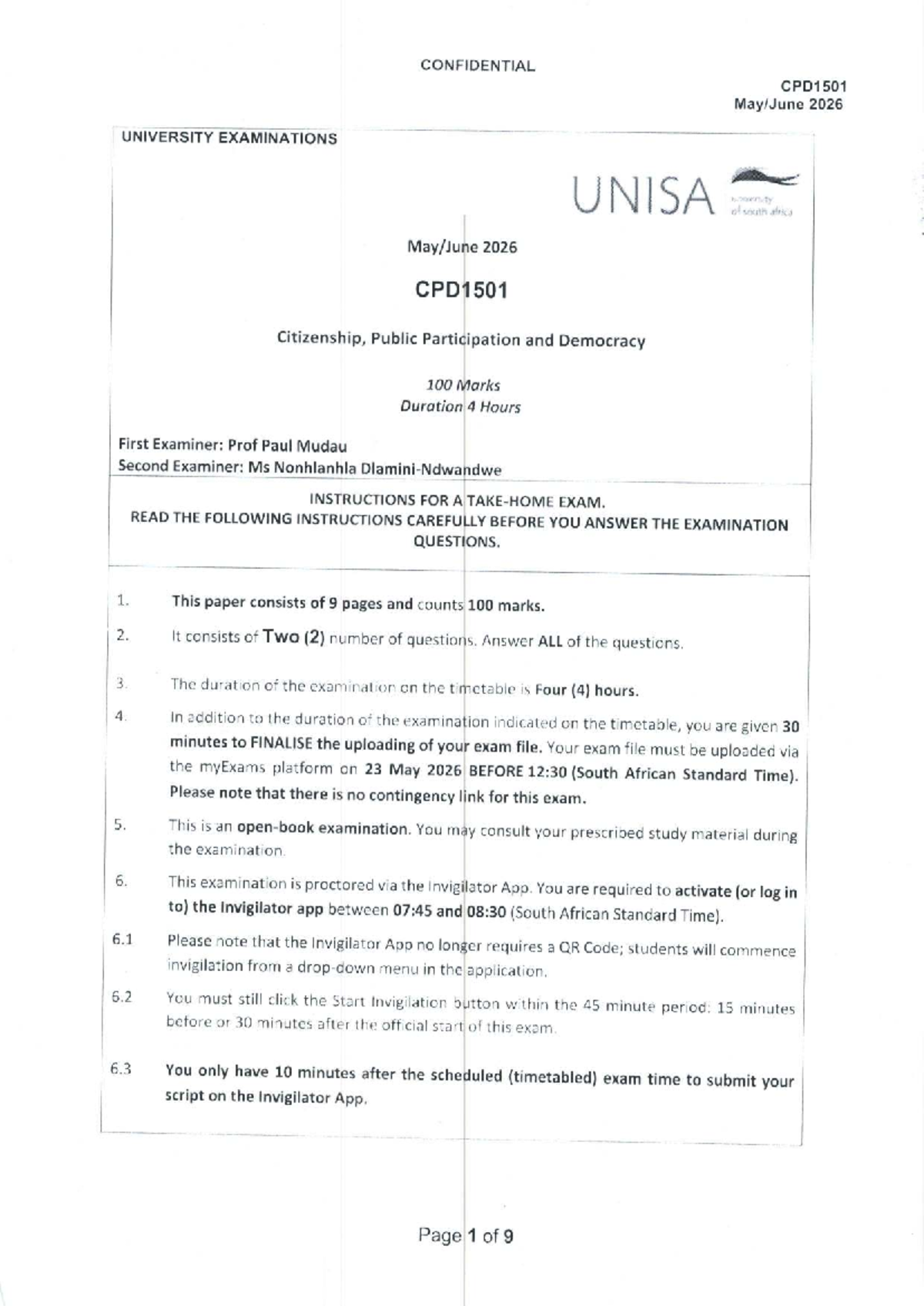 CPD1501 2026 May Exam Paper: Citizenship, Public Participation ...