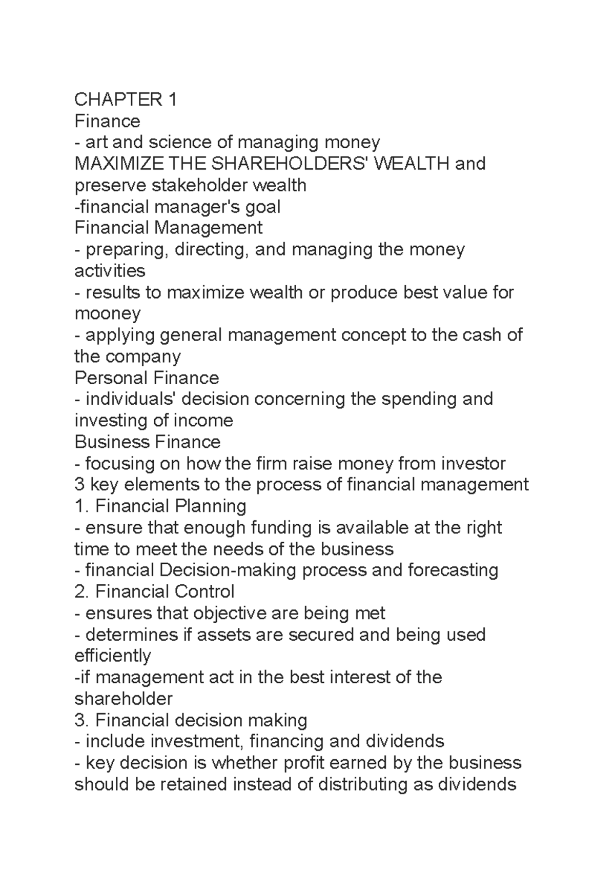 CHAPTER 1: Finance - Managing Money to Maximize Wealth (Fin Mar ...