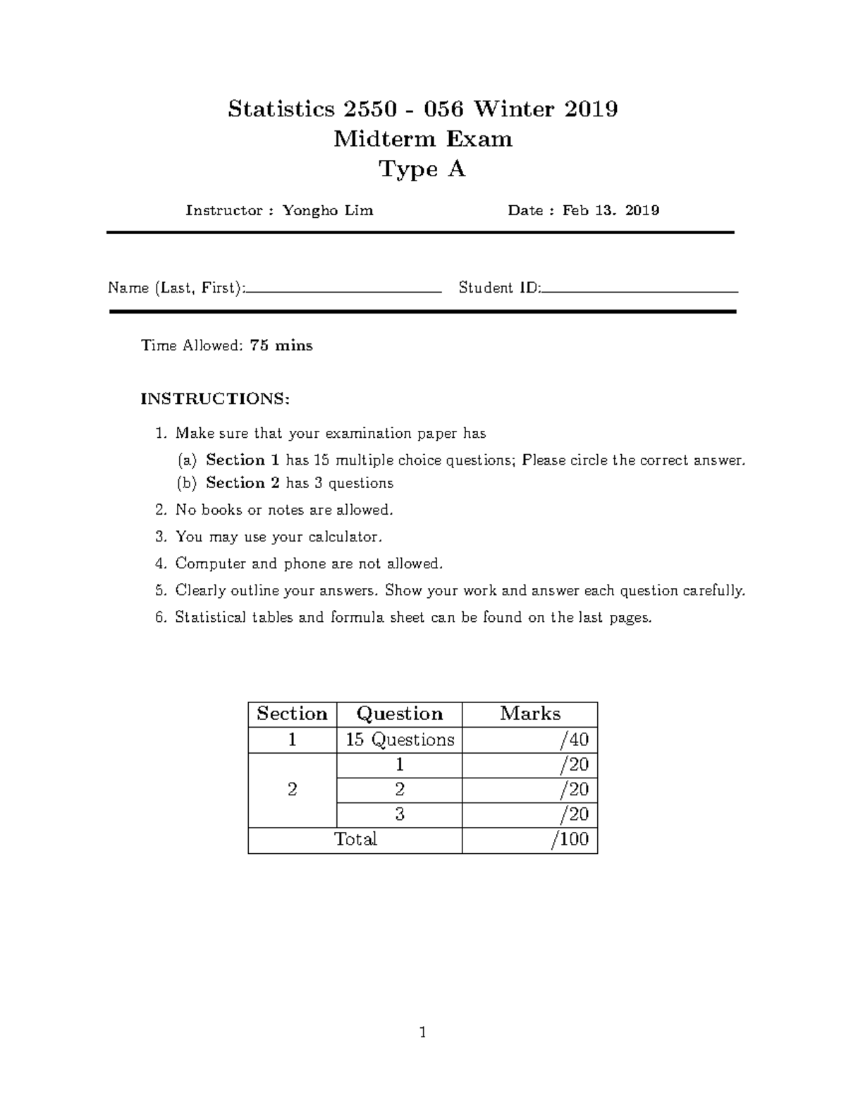 Midterm 13 February 2019, questions and answers - Statistics 2550 - 056 ...