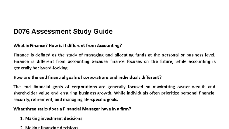 D076 Assessment Study Guide: Key Concepts in Finance and Accounting ...