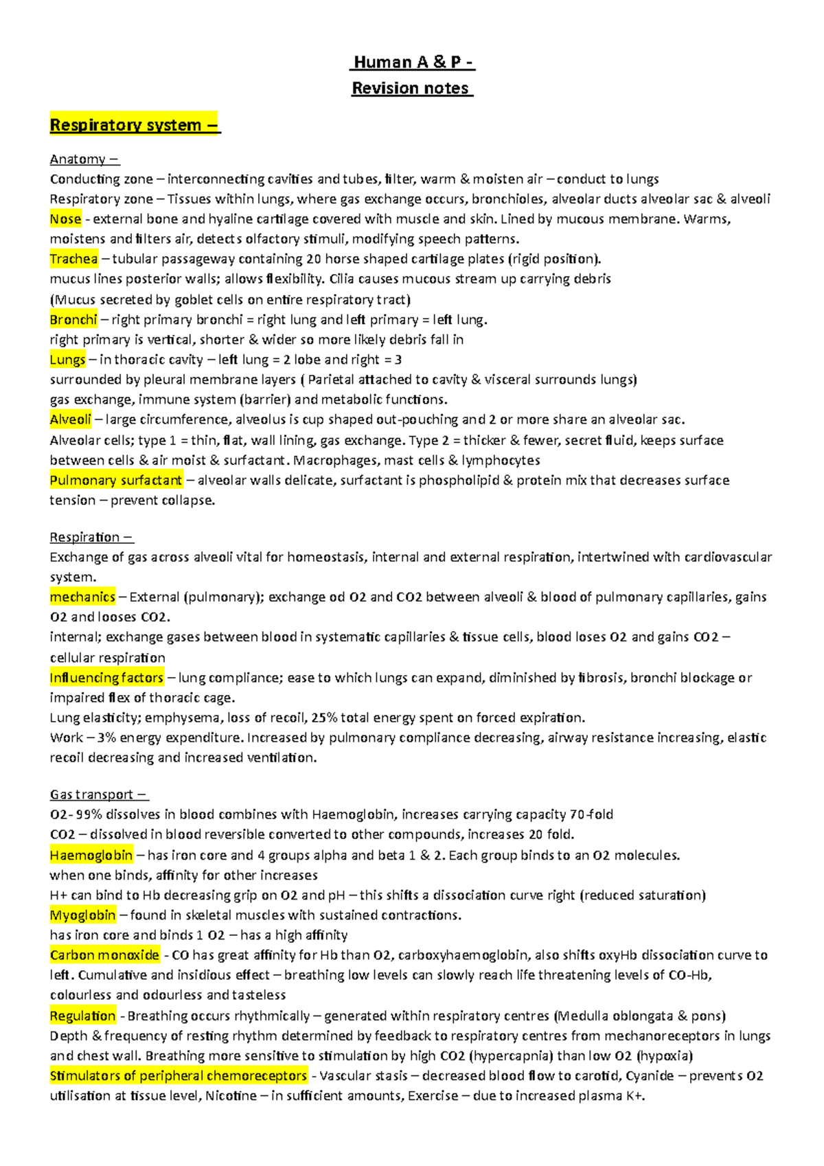 Anatomy and Physiology Revision Notes (A&P) - Comprehensive Overview ...