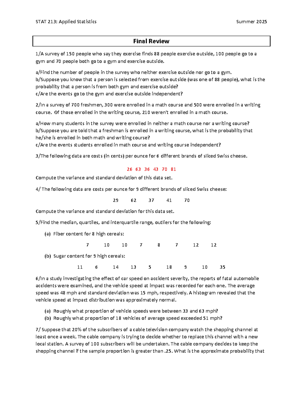 STAT 213: Applied Statistics Summer 2025 Final Exam Review - Studocu