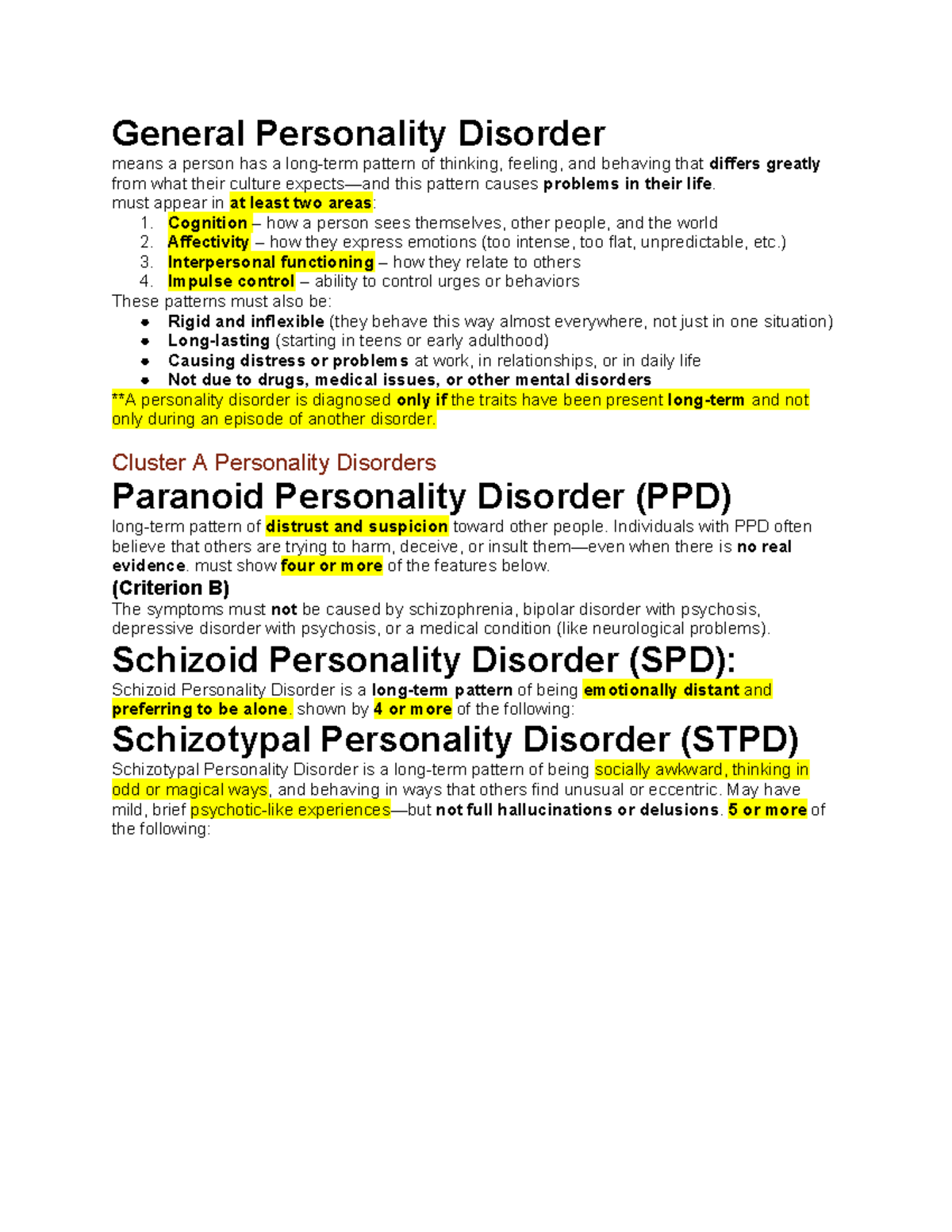 Personality Disorders Overview: Types and Characteristics - Studocu