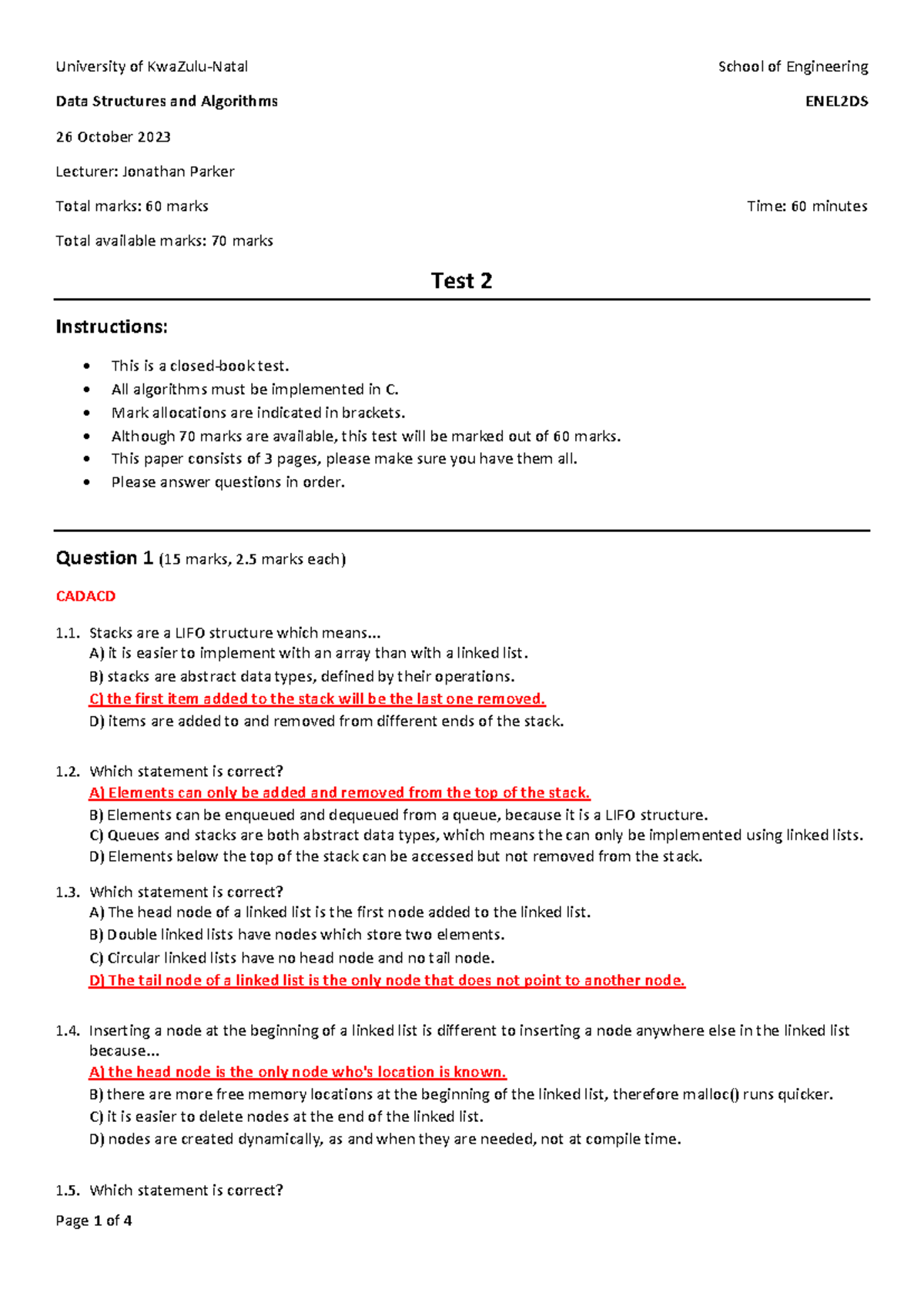 Test 2 Model Answer v2 - Data Structures & Algorithms ENEL2DS - Studocu