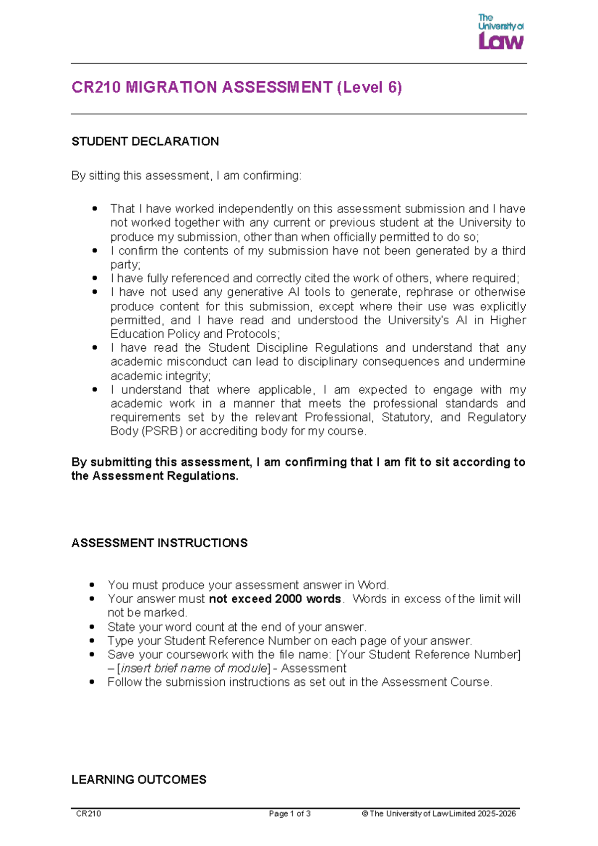 CR210 Migration Assessment Declaration and Instructions - Studocu