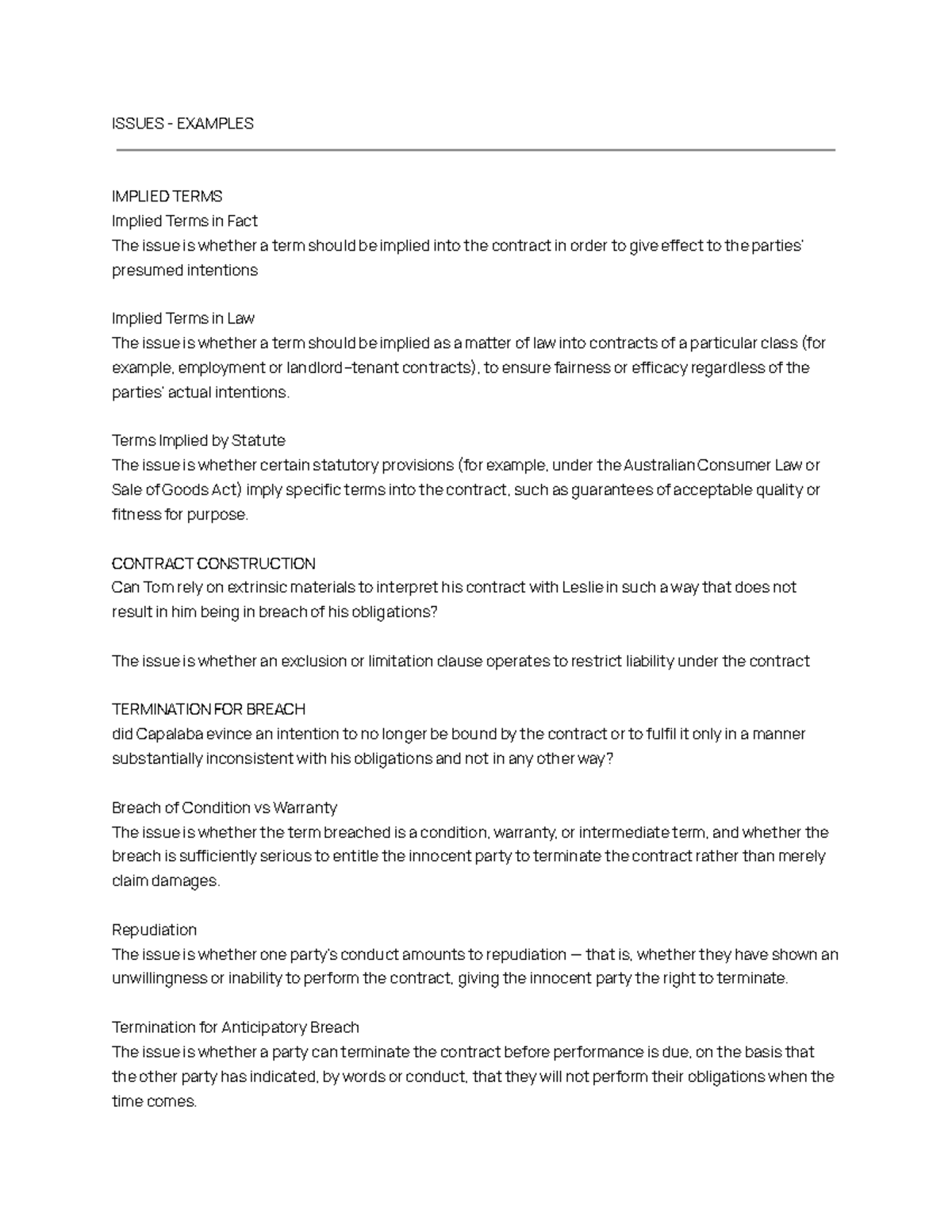 Contract Law Notes: Issues & Remedies (LAW 114) - Studocu