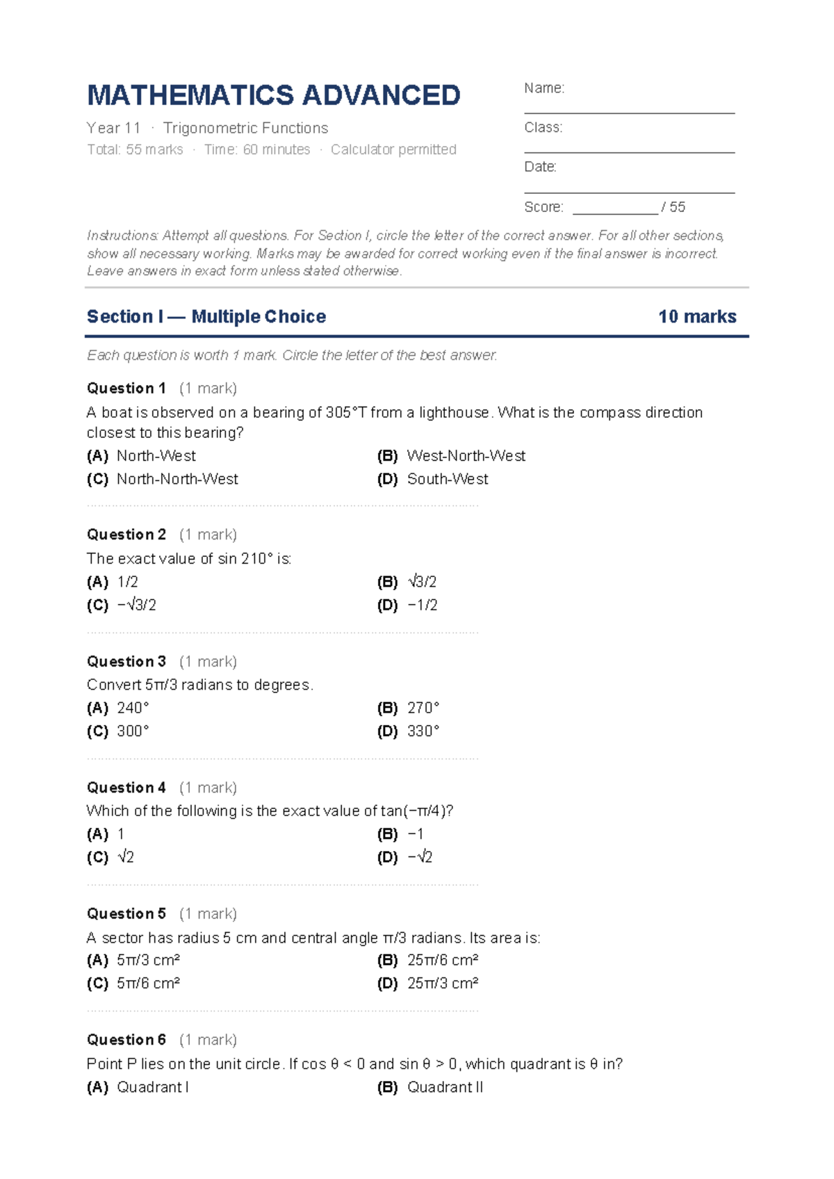 MATHEMATICS ADVANCED Year 11 Trigonometric Functions Exam2 Practice ...