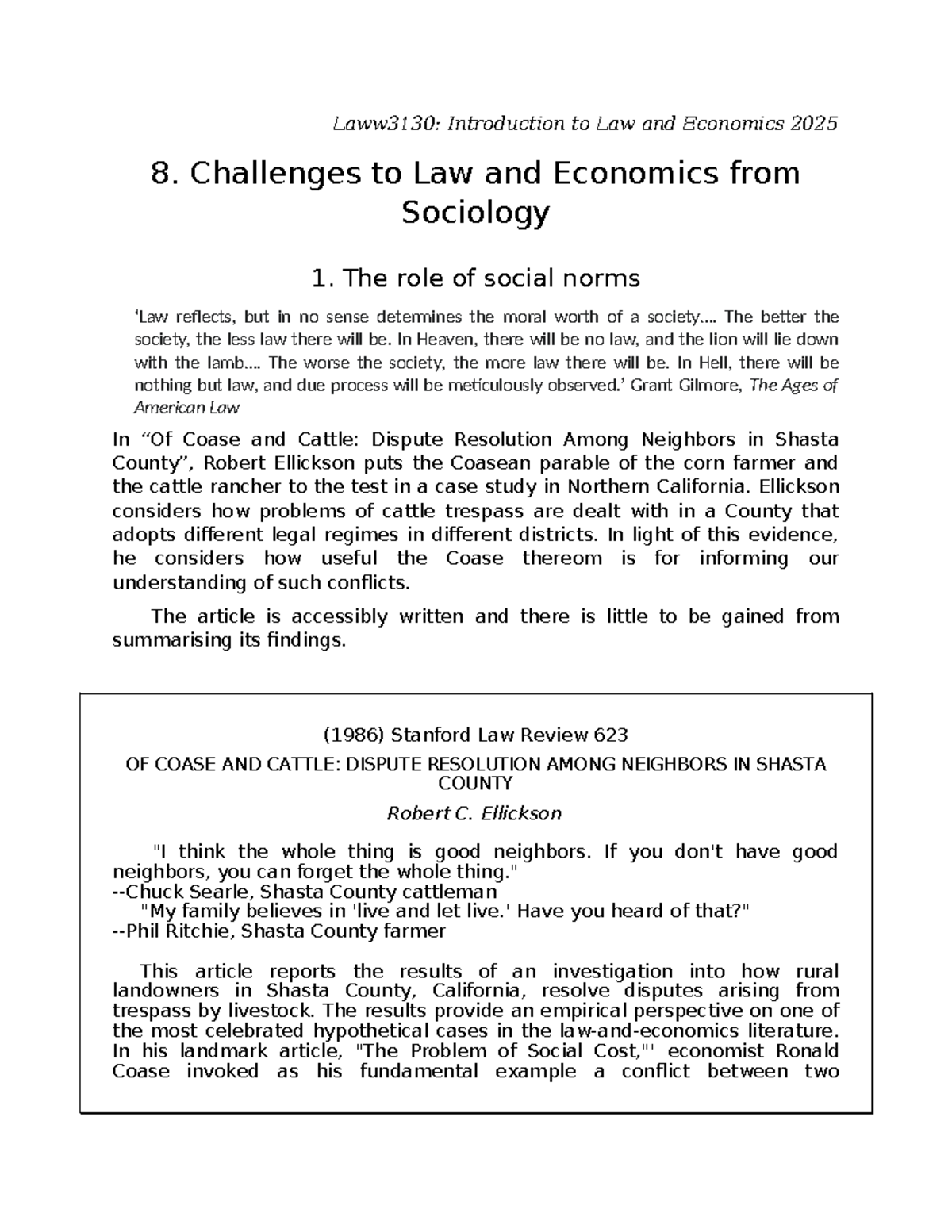Laww3130: Seminar 8 - Challenges to Law and Economics from Sociology ...