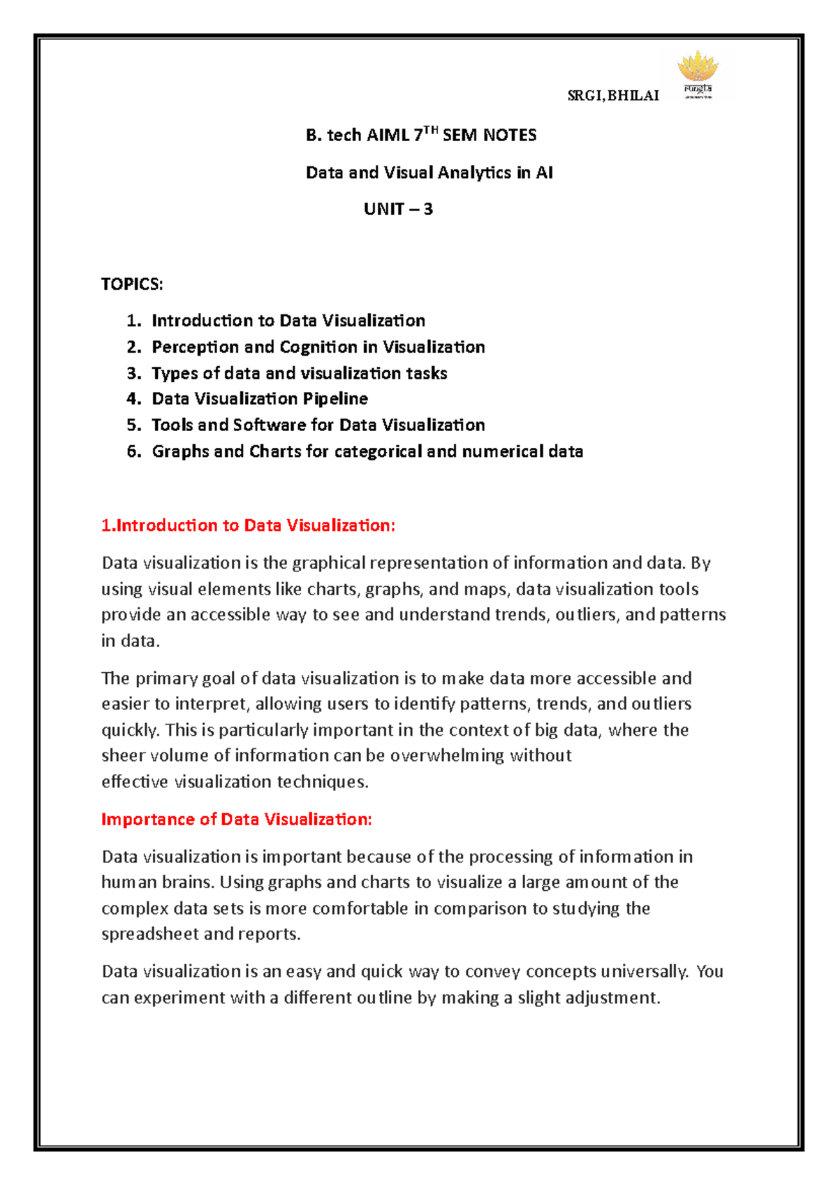 SRGI, BHILAI B. Tech AIML 7TH SEM NOTES: Data Visualization Insights ...