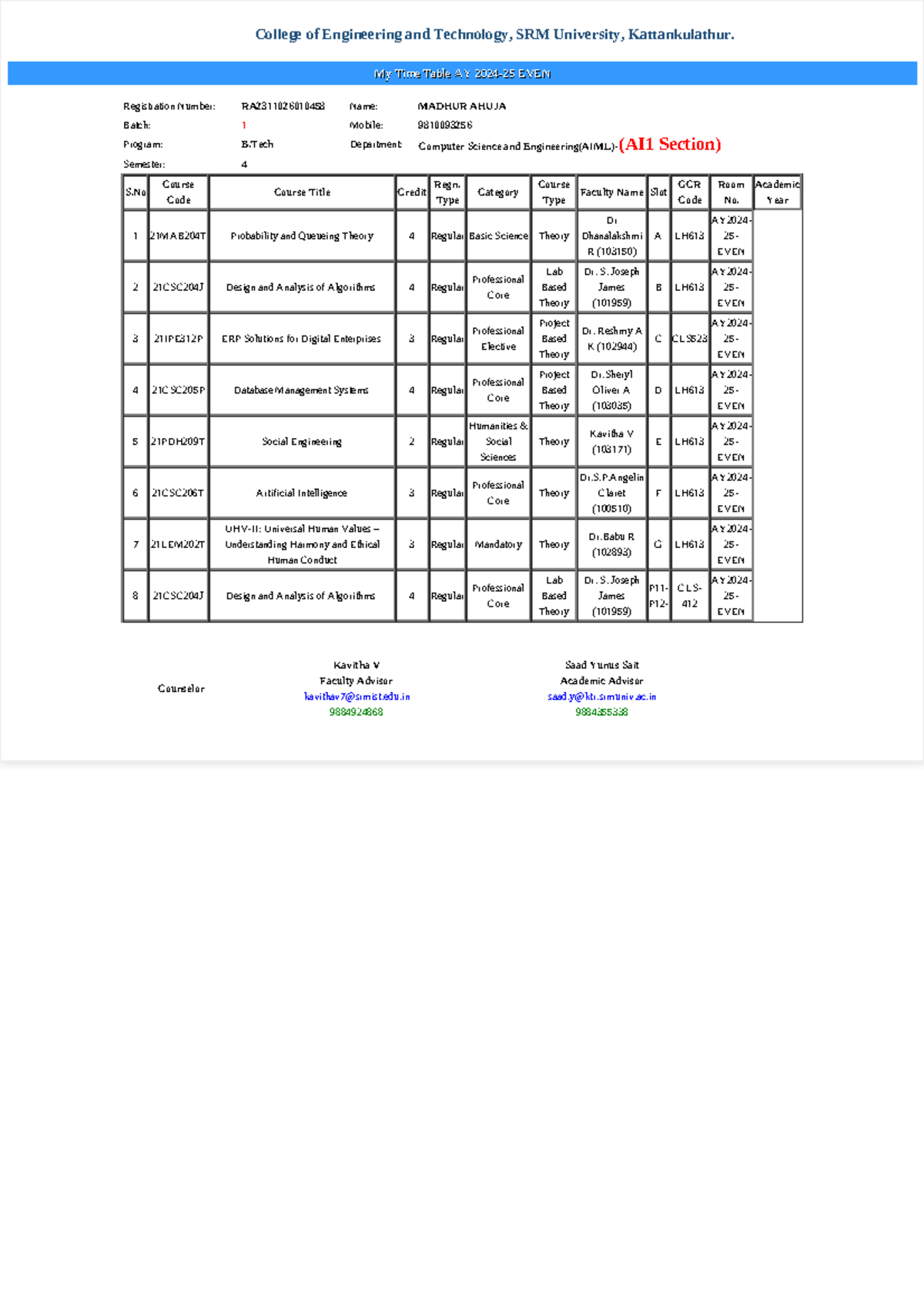 My Time Table 2024-25 - VERY NICE - Registration Number ...