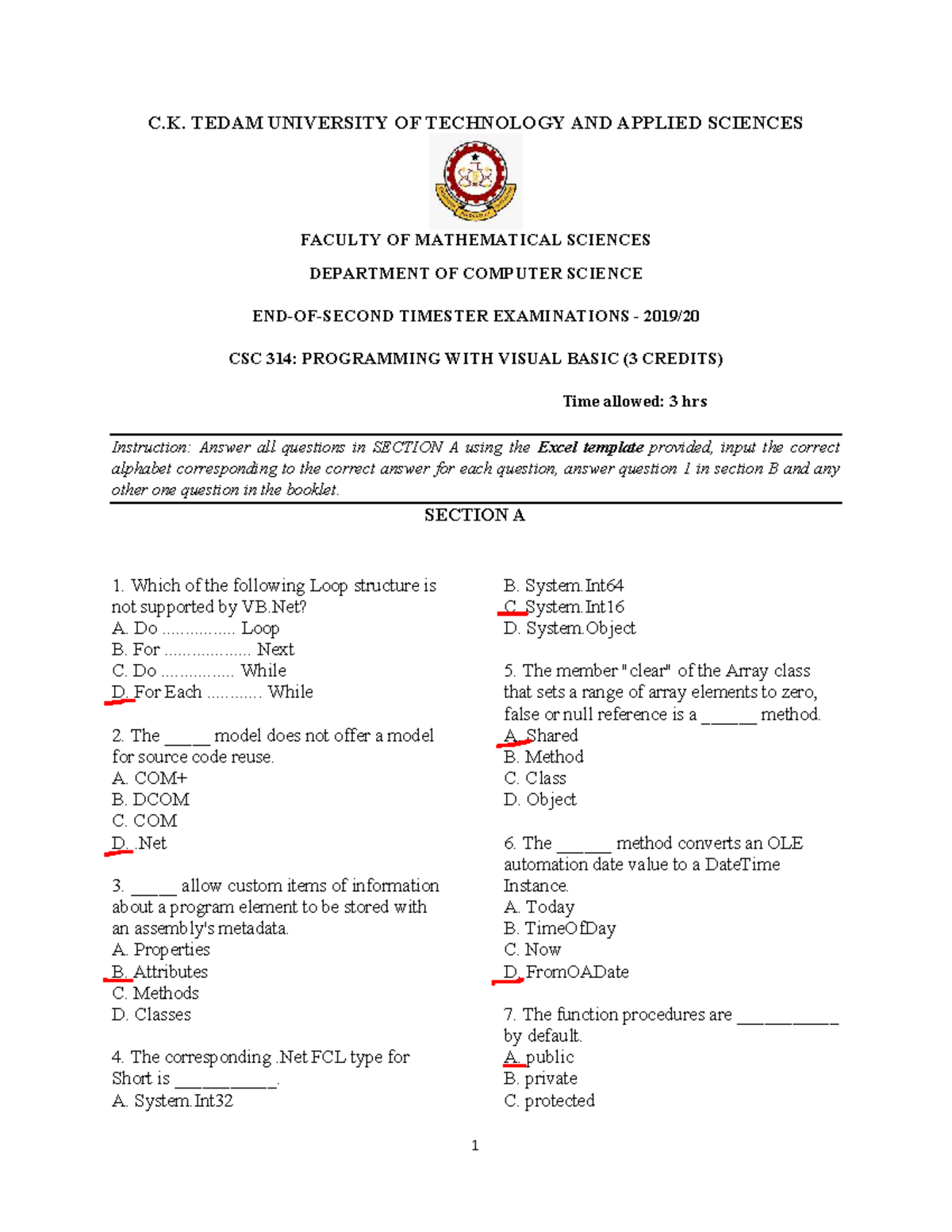 CSC 314 Final Exam 2019-2020: Programming with Visual Basic Solutions ...