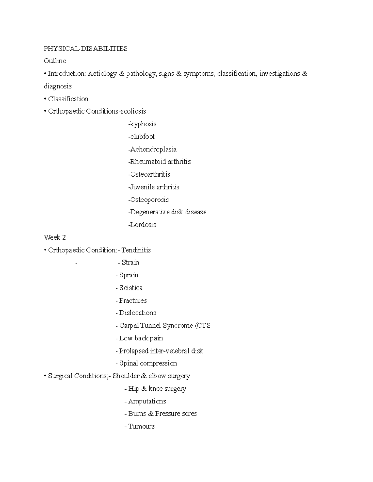 Physical disability notes - PHYSICAL DISABILITIES Outline Introduction ...