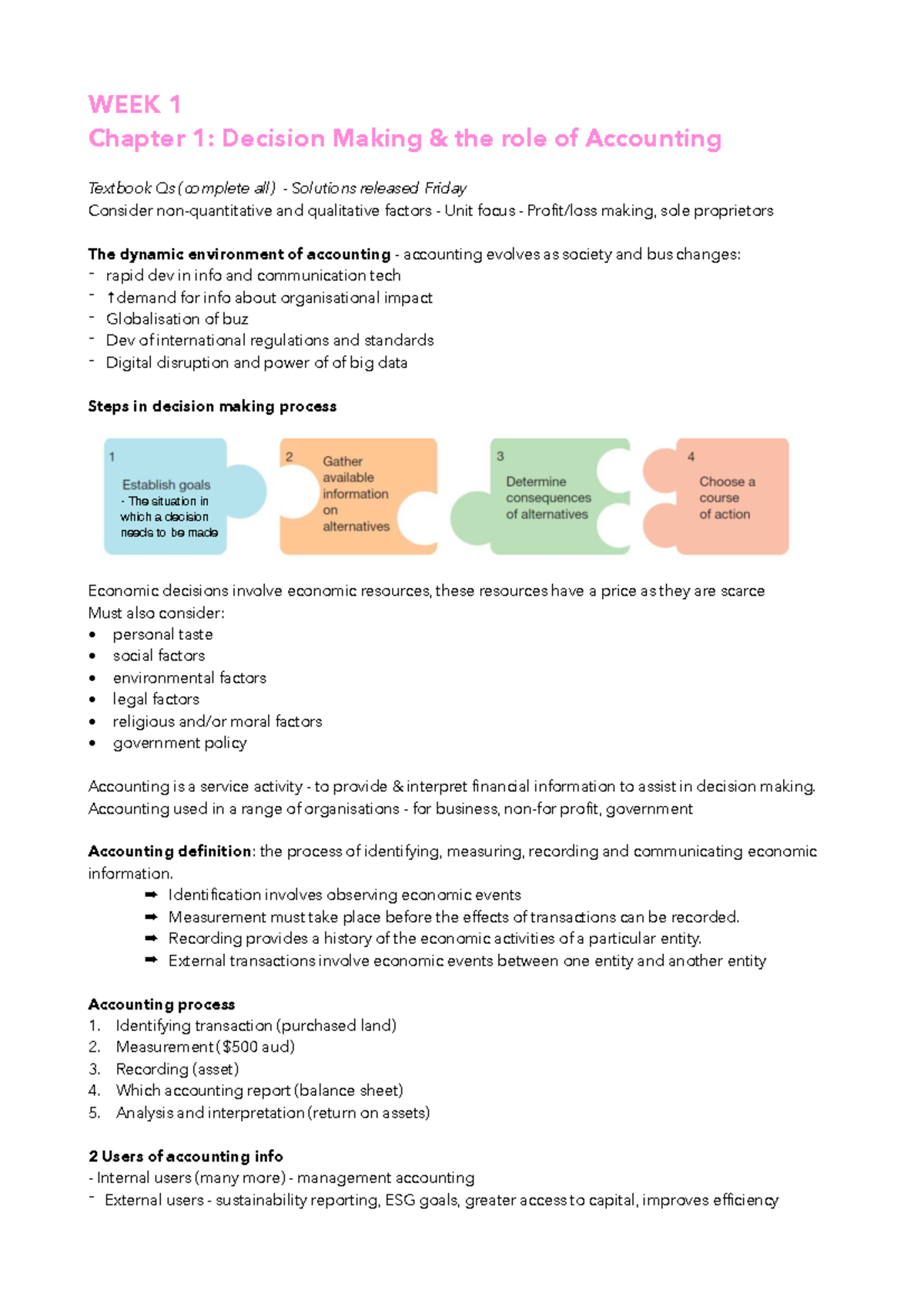 Week 1 ACCT - Lecture Notes: Decision Making & Accounting Fundamentals ...