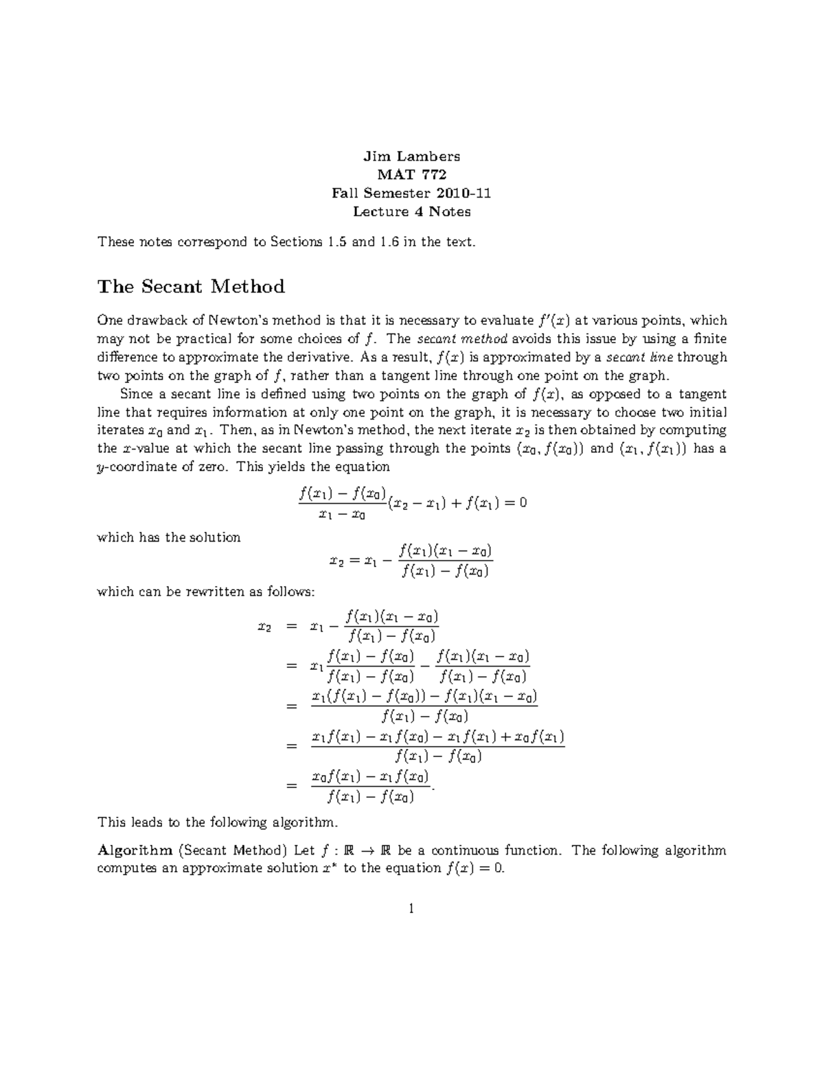 The-Secant-Method - SAPM012 - Jim Lambers MAT 772 Fall Semester 2010 ...