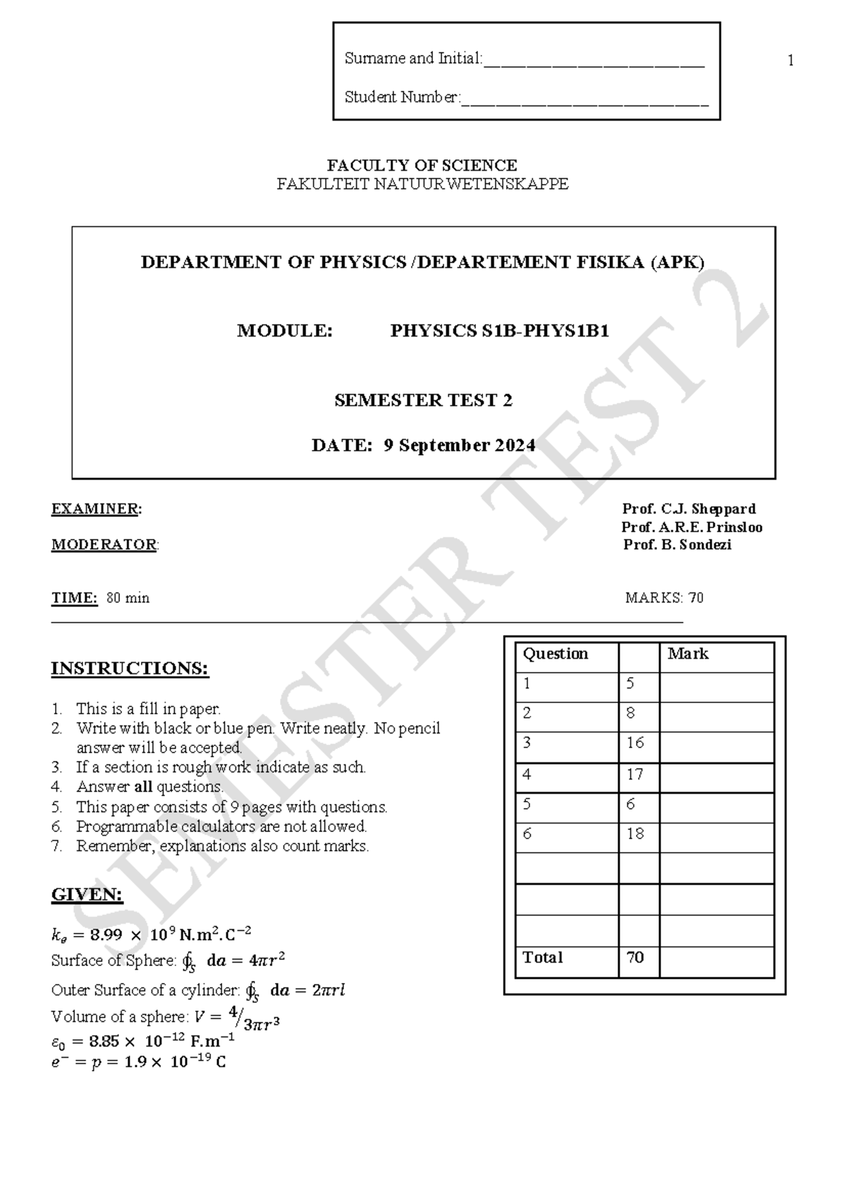 Physics (APK) Semester Test 2 Memo - 9 September 2024 - Studocu