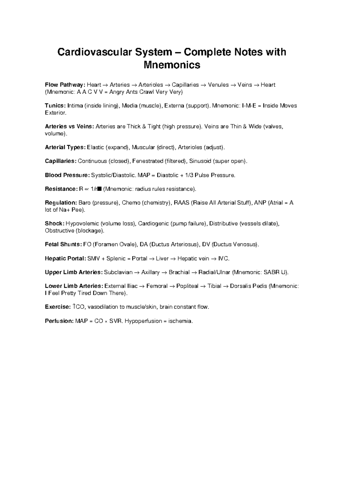 Cardiovascular System Complete Notes (BIO 101) with Mnemonics - Studocu