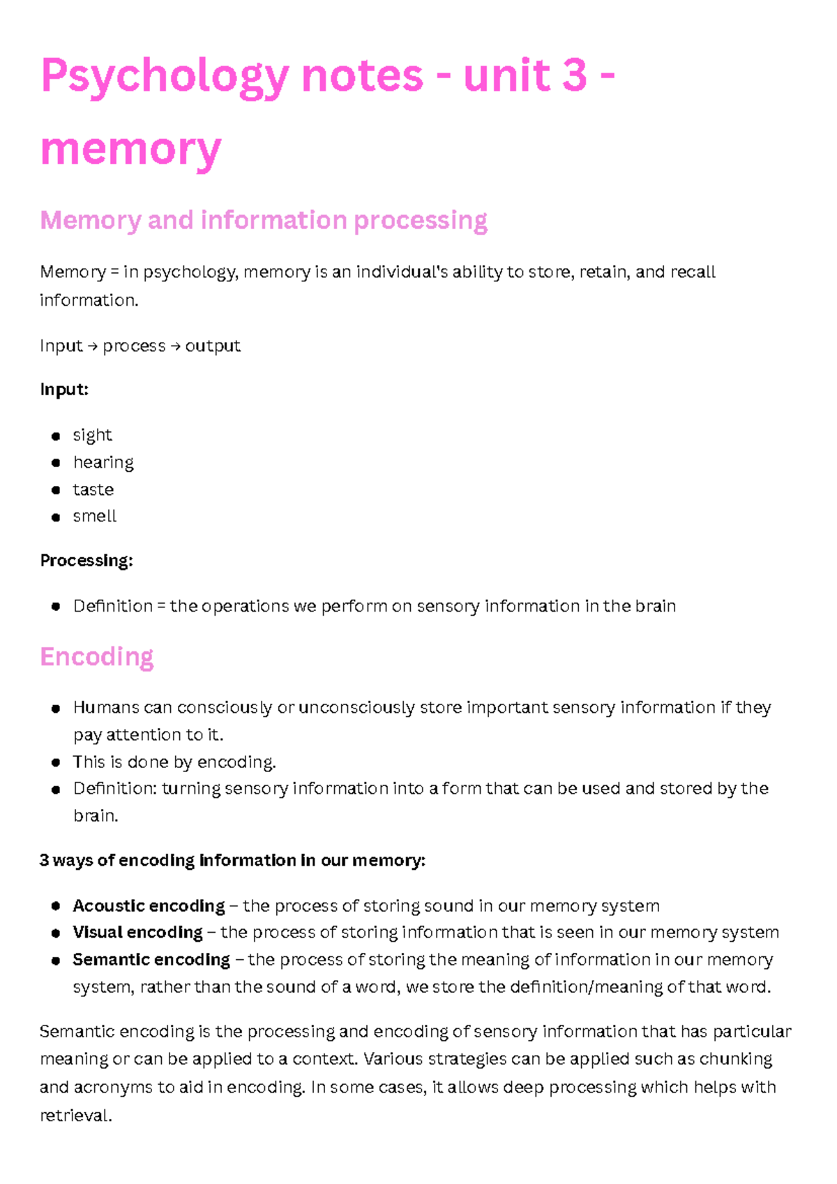 Psychology (Pych) Unit 3: Memory and Information Processing Notes - Studocu