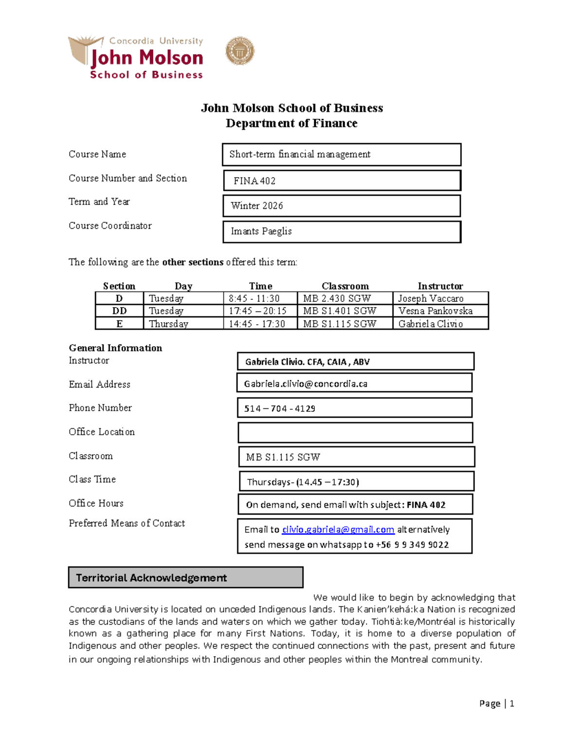 FINA 402 Financial Management Course Outline - Winter 2026 - Studocu