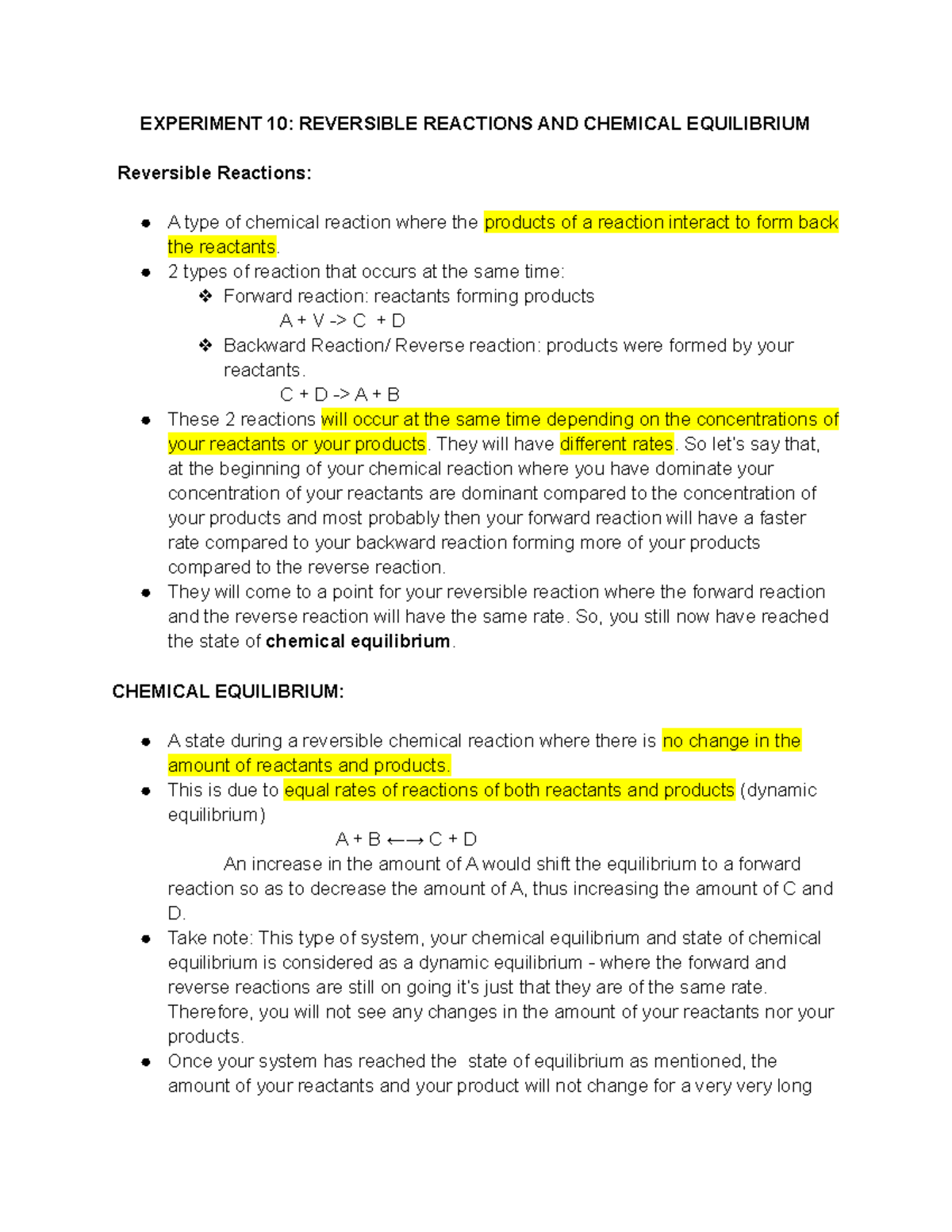 Experiment 10: Reversible Reactions & Chemical Equilibrium Insights ...