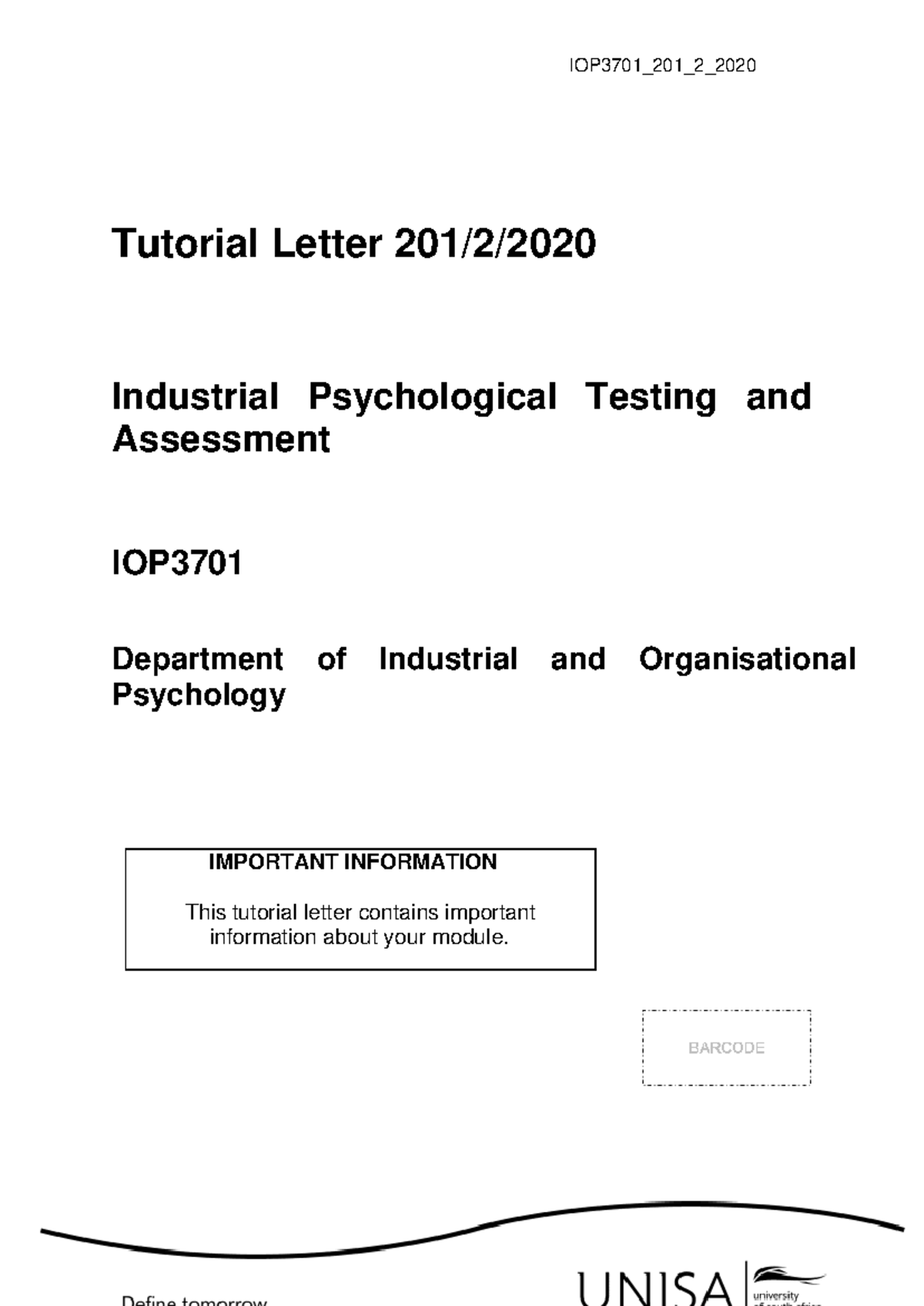 IOP3701 201 Tutorial Letter: Industrial Psychological Assessment ...