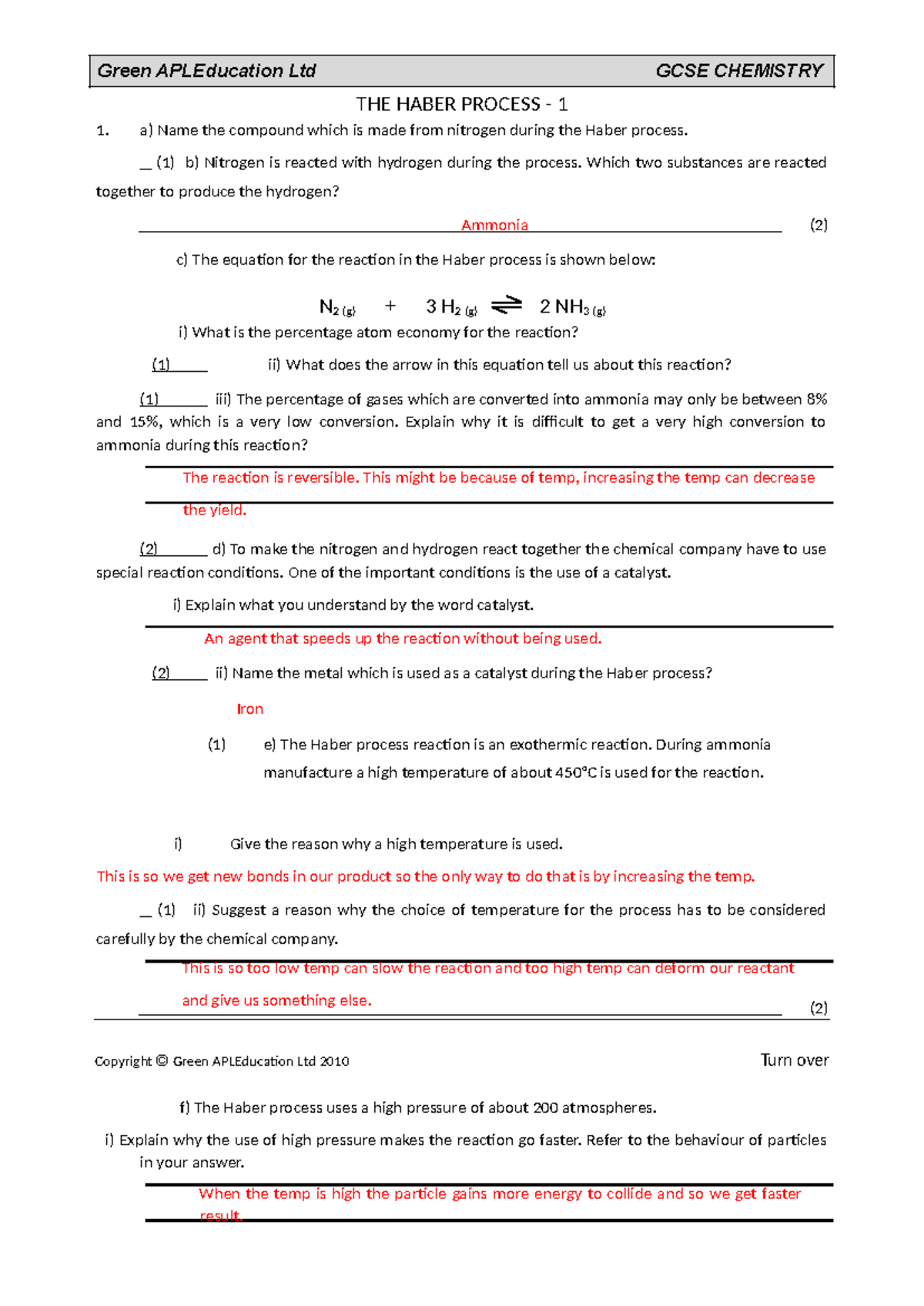 Lesson 5 - Complete Worksheet on Haber Process (GCSE Chemistry) - Studocu