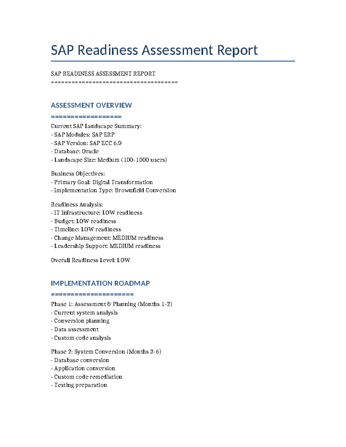 SAP Readiness Assessment Report: Digital Transformation Plan - Studocu