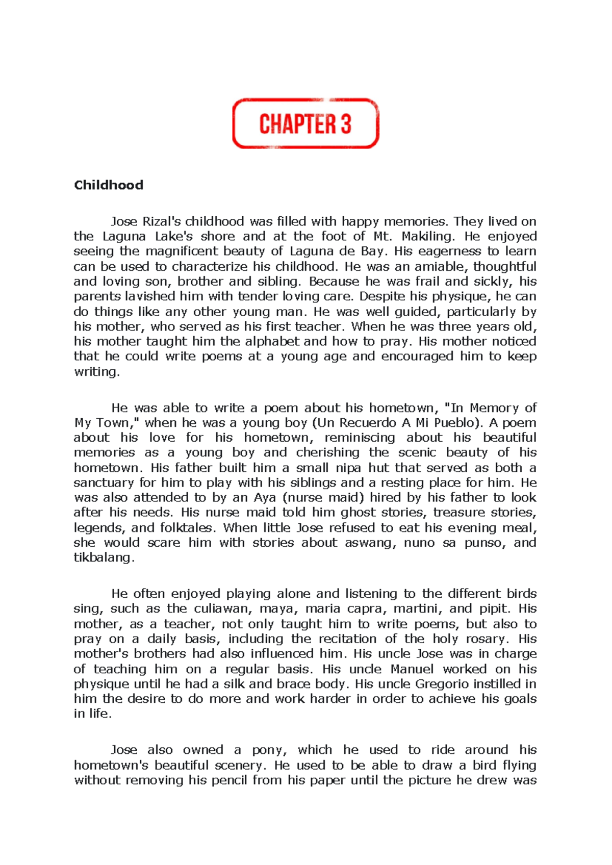 Childhood of Rizal - Childhood Jose Rizal's childhood was filled with ...
