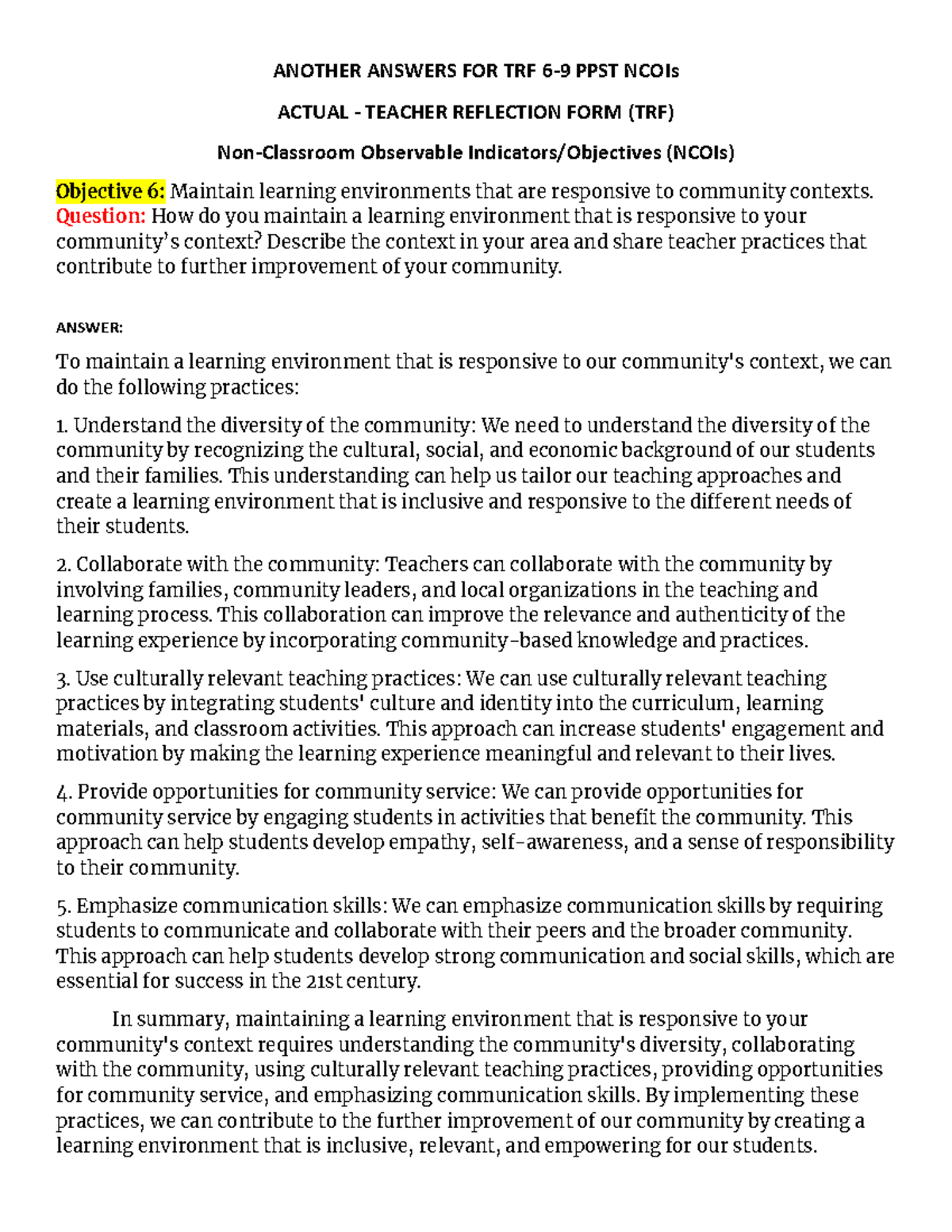 Teacher Reflection Form (TRF) 10897: Enhancing Teaching Practices - Studocu
