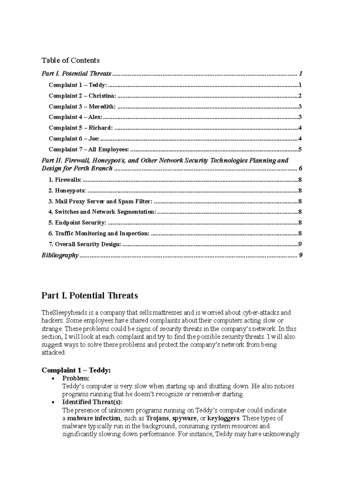 Assignment 1 - CP2414 - Table of Contents Part I. Potential Threats ...