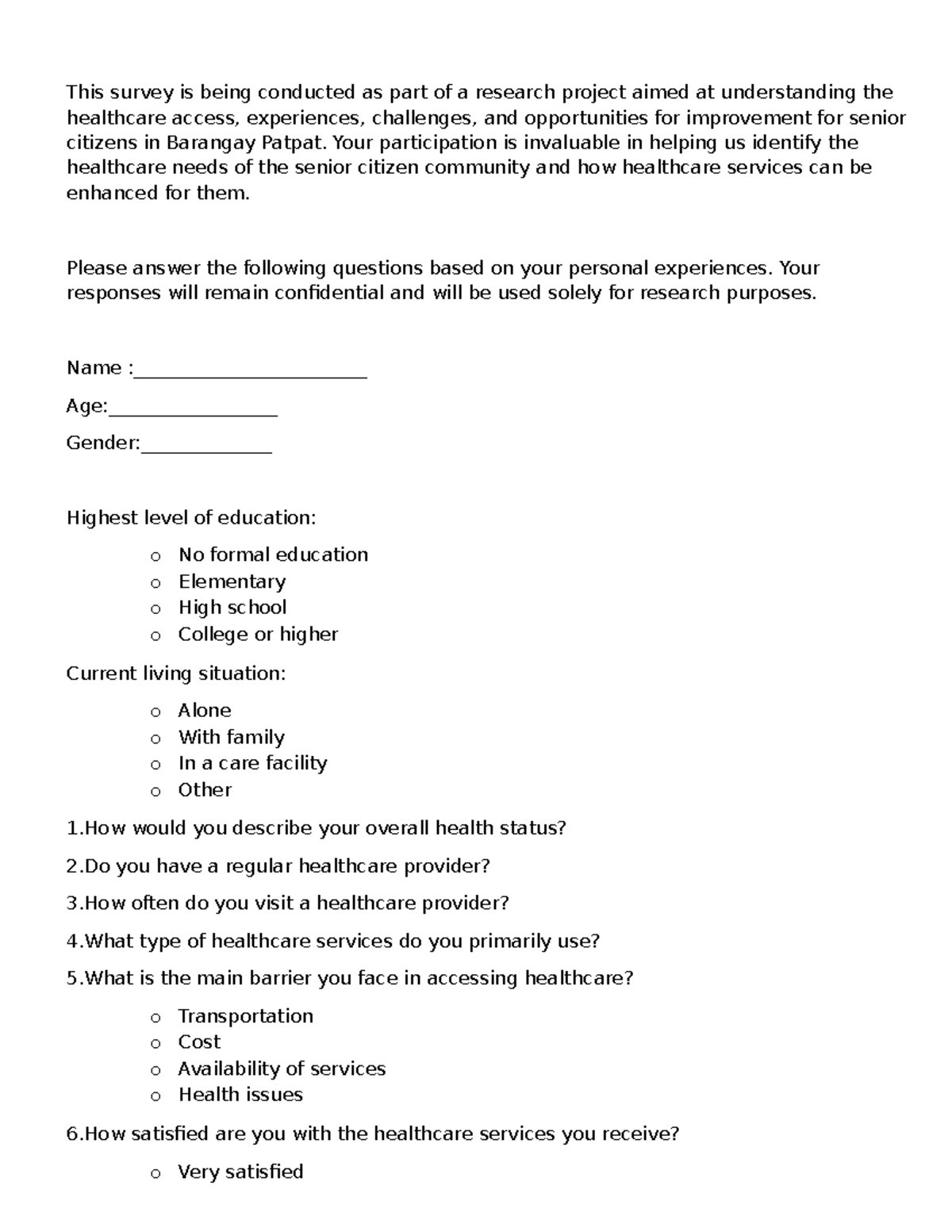 Healthcare access survey for senior citizens in Barangay Patpat (INB ...