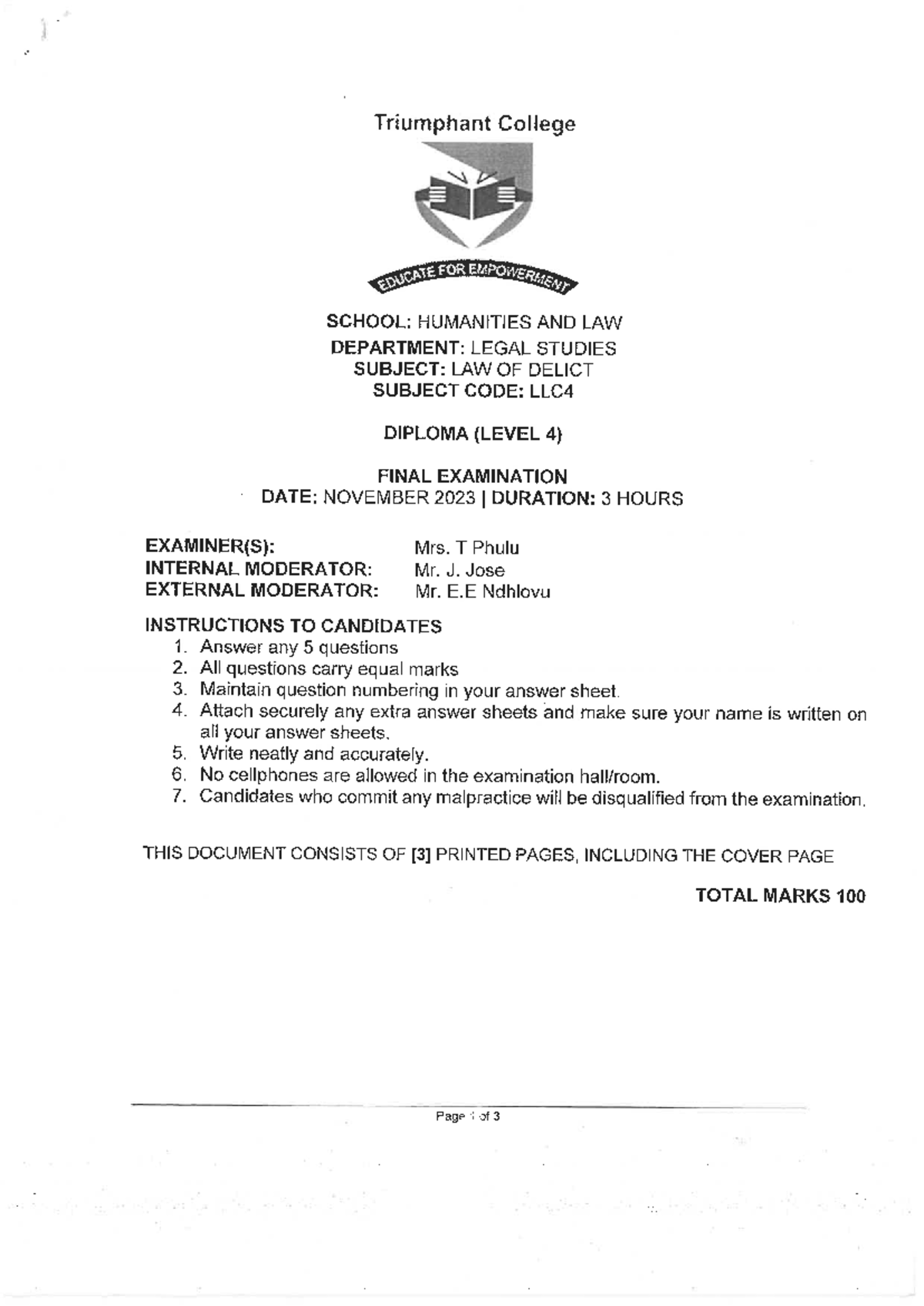 Law of Delict LLC4 Final Exam - November 2023 - Studocu