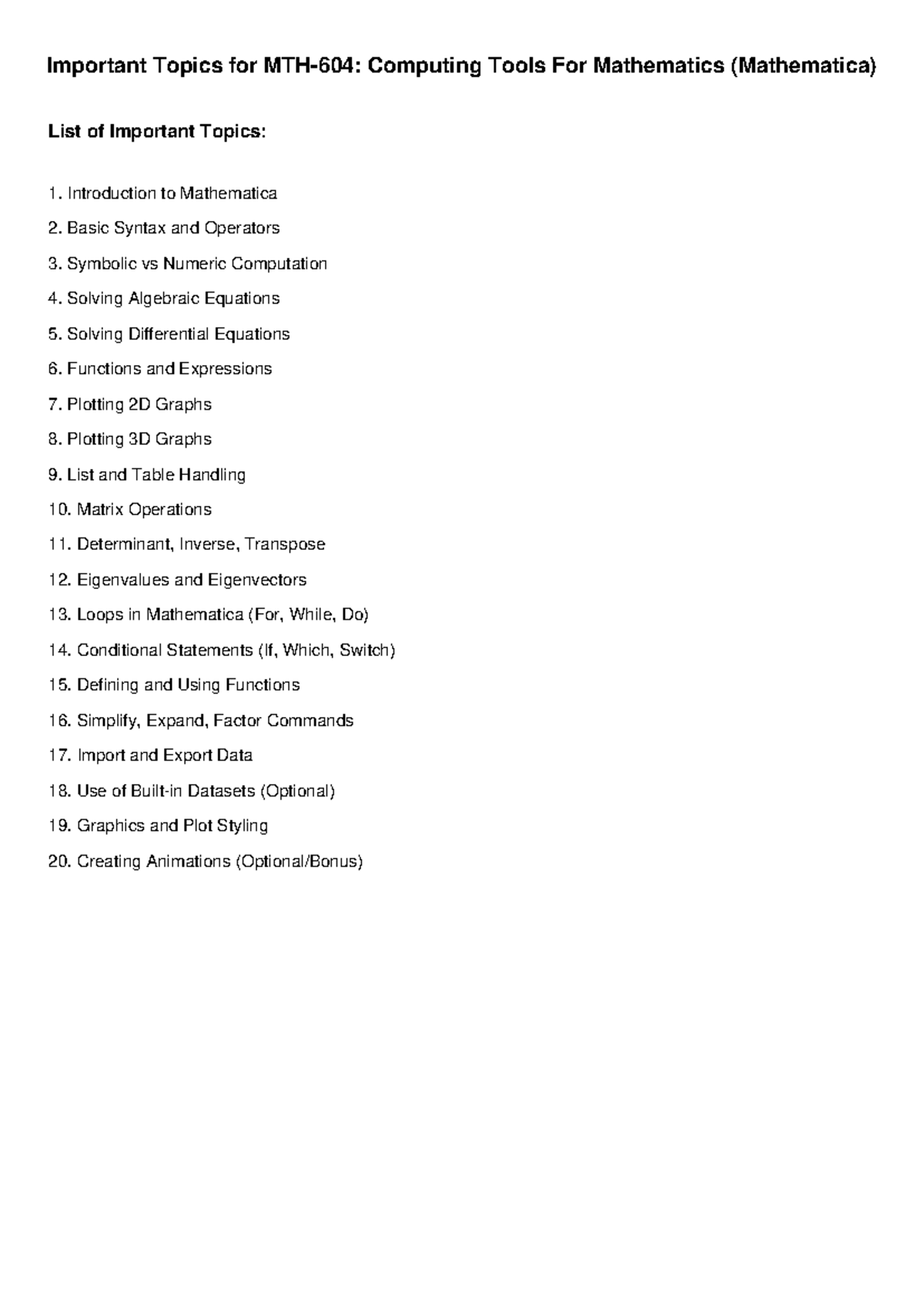 MTH-604 Important Topics in Mathematica for Computing Tools - Studocu
