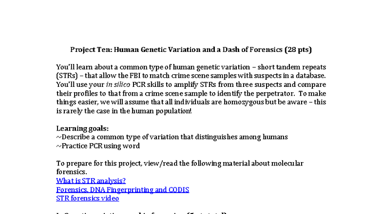 BIOL2302 Project 10: Analyzing Human Genetic Variation with STRs - Studocu