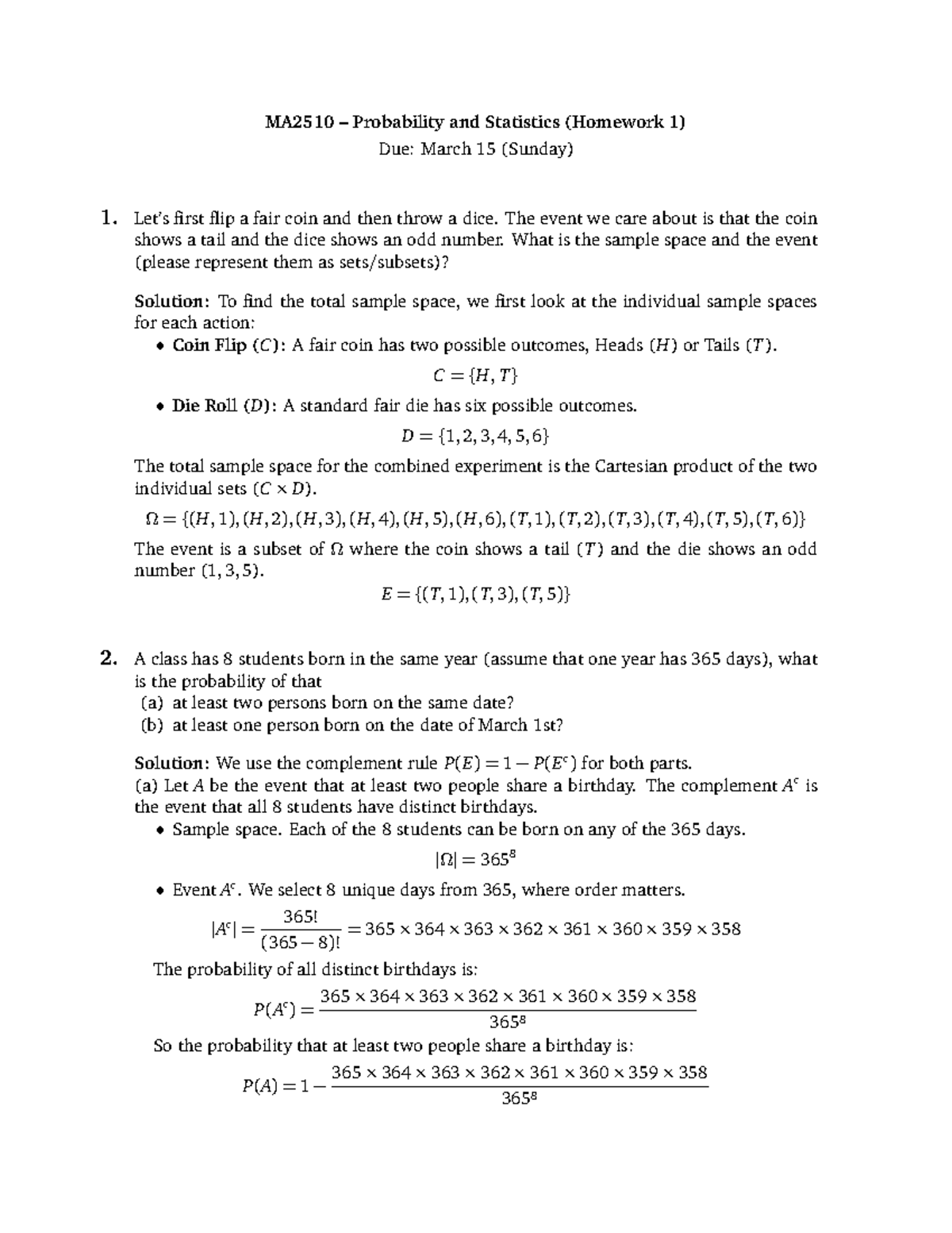 MA2510 Probability and Statistics (Homework 1) Solutions - Studocu