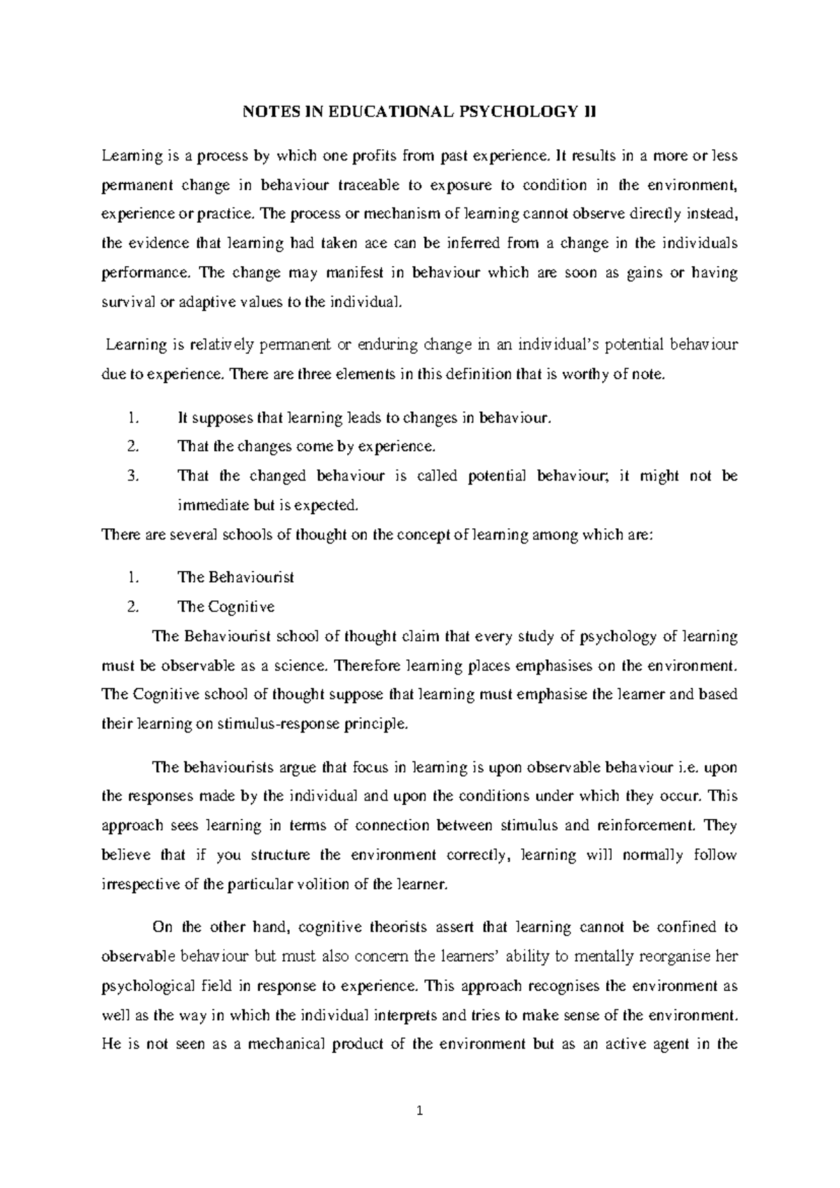 EDU204-1 - Note on educational philosophy - NOTES IN EDUCATIONAL ...