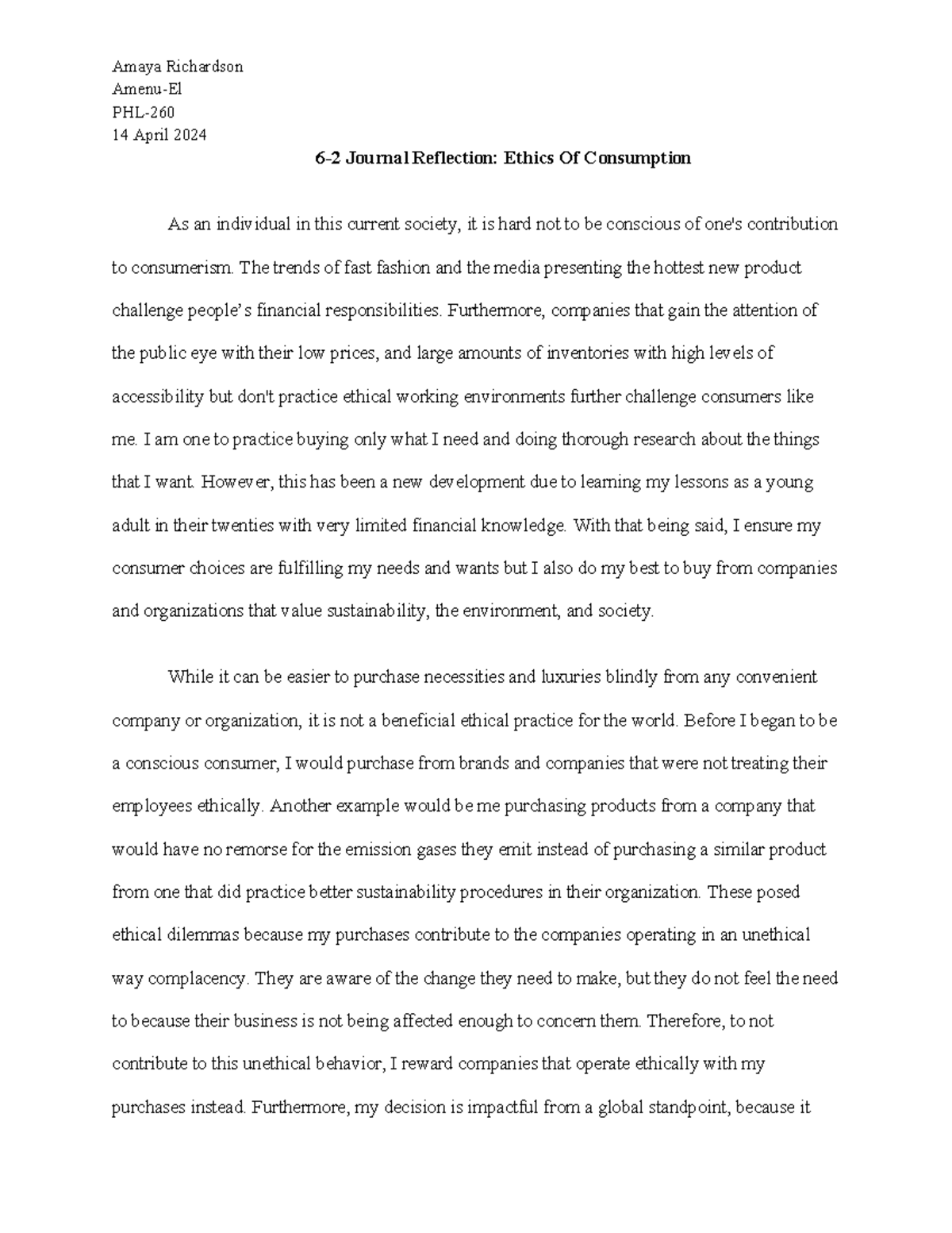 6-2 Journal Reflection: Analyzing Ethics in Consumer Choices - Studocu