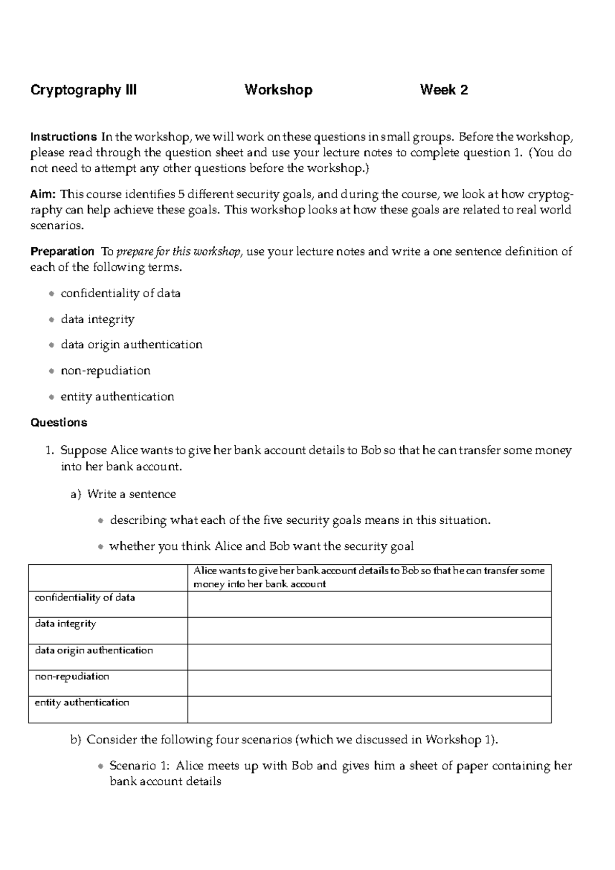 Cryptography Workshop Wk 2: Security Goals & Scenarios - Studocu