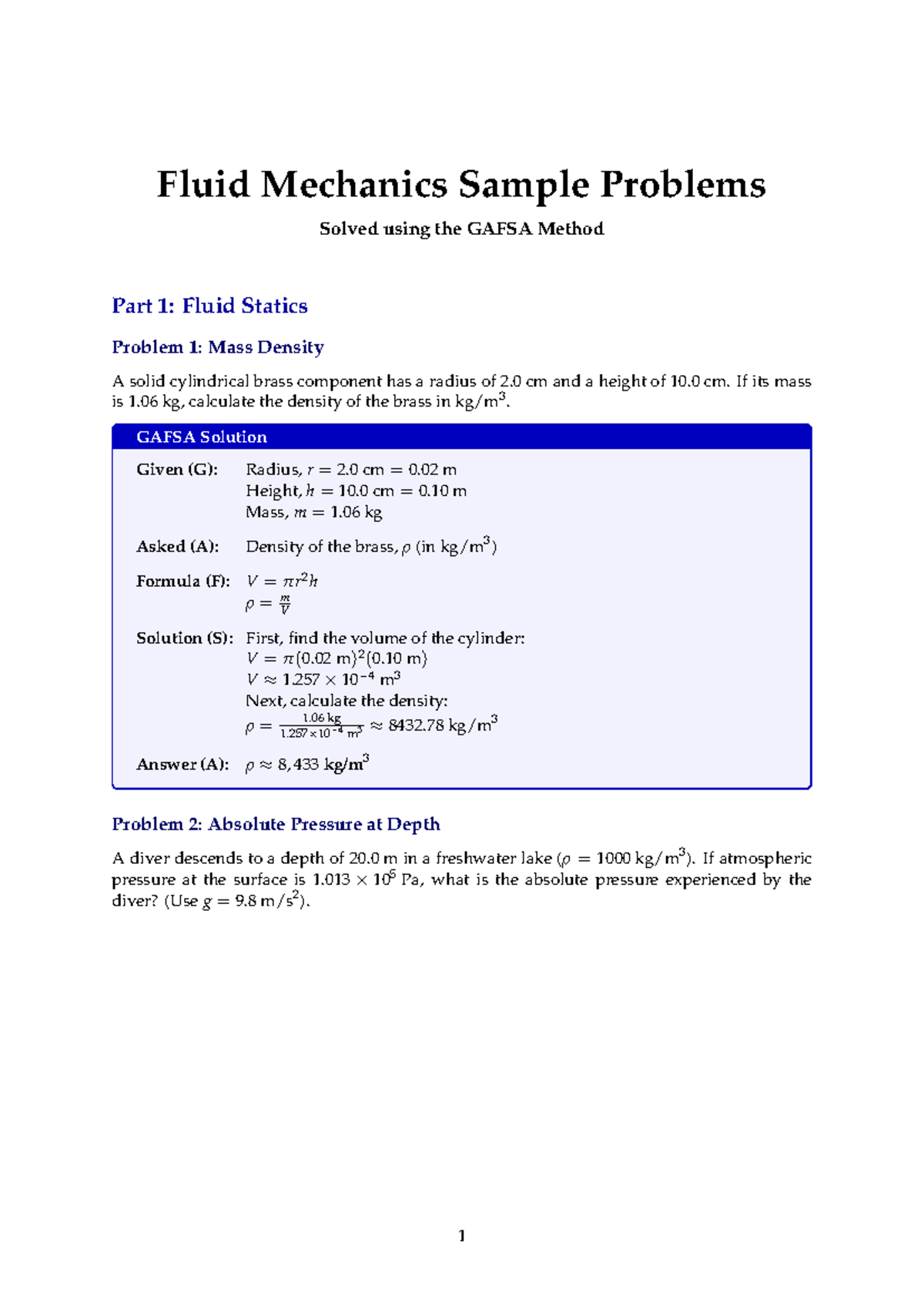 Fluid Mechanics GAFSA Method Sample Problems: Fluid Statics & Dynamics ...