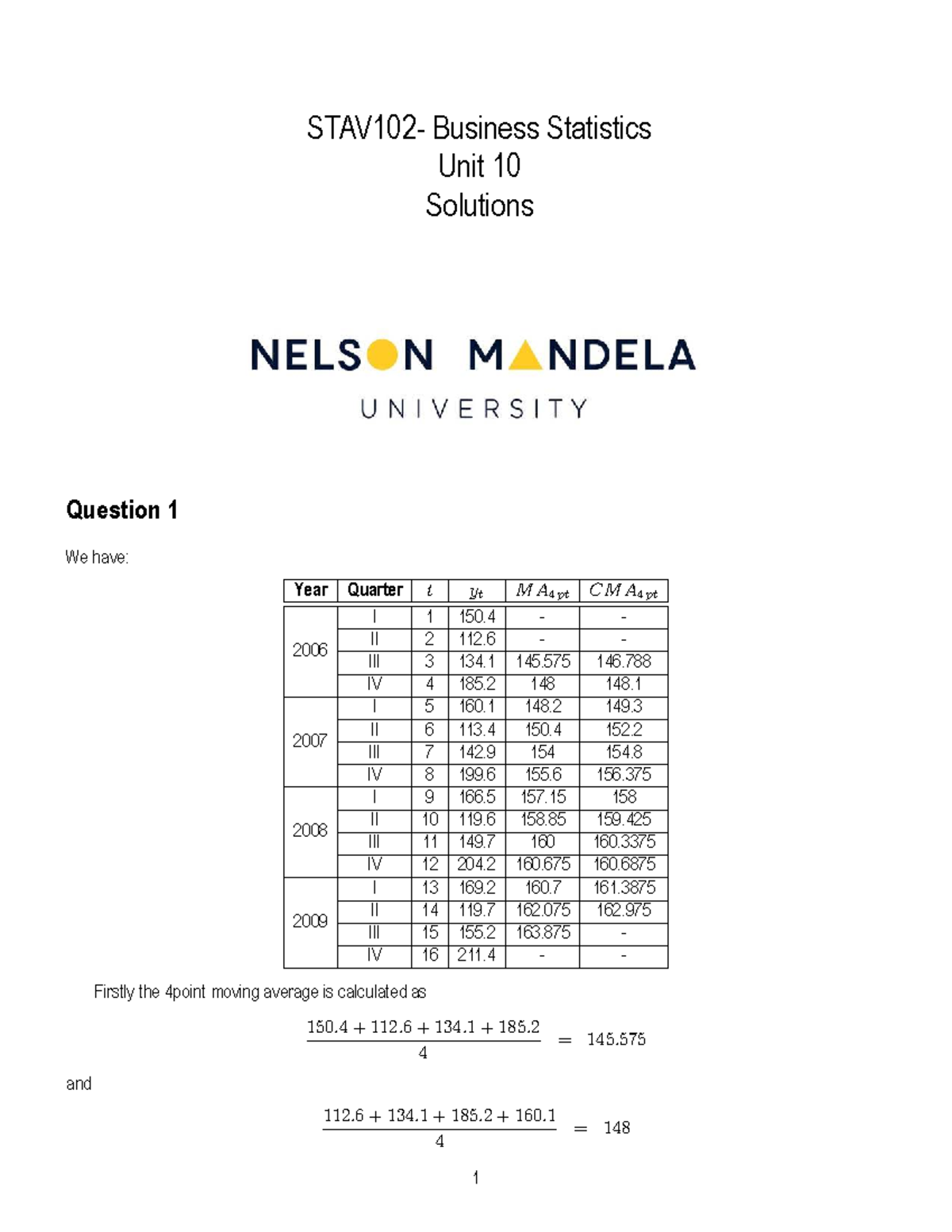 STAV102 Business Statistics Unit 10 Solutions and Analysis - Studocu
