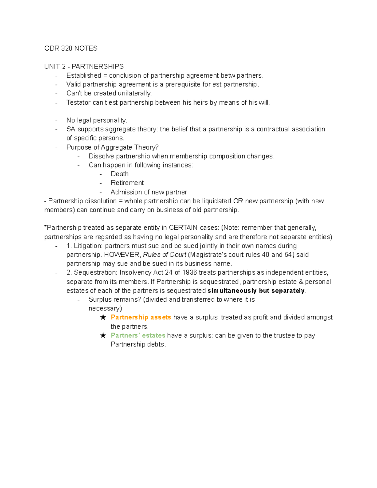 ODR 320 Notes - ODR 320 NOTES UNIT 2 - PARTNERSHIPS Established ...