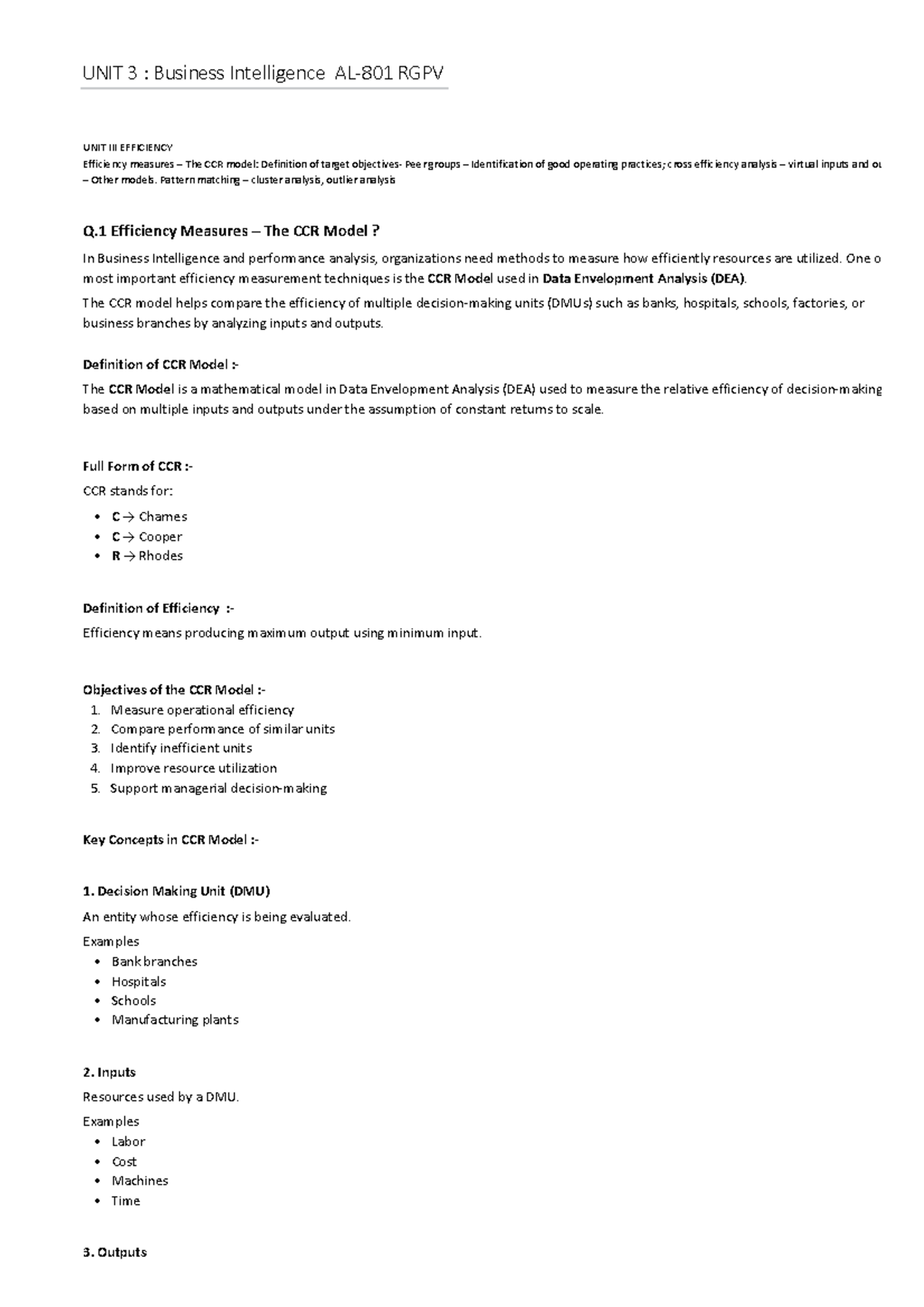 UNIT 3: Business Intelligence - Efficiency Measures and Analysis - Studocu