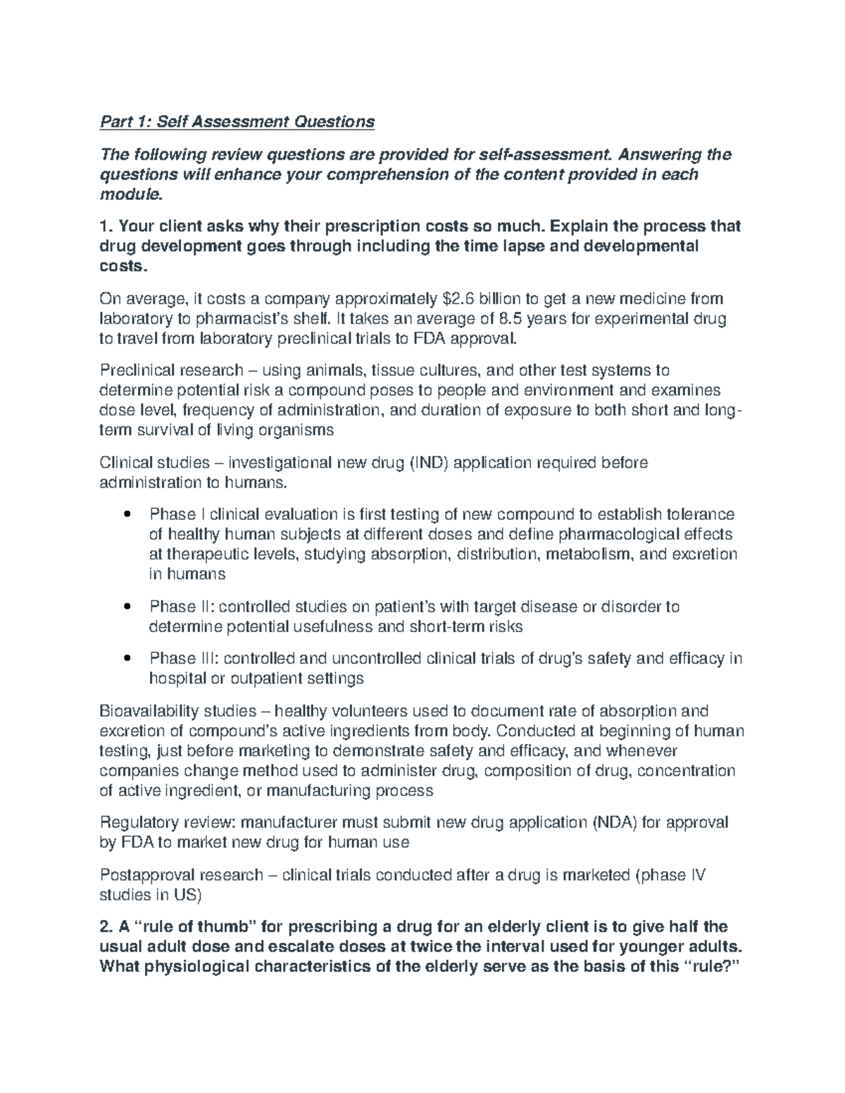 Module 1 self assessment - Part 1: Self Assessment Questions The ...