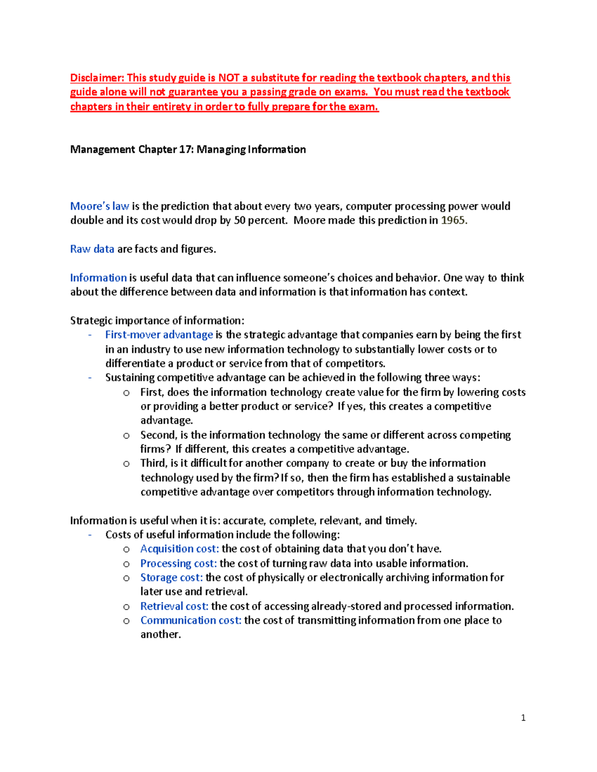 Chapter 17 Study Guide - Principles Of Management - Disclaimer: This ...