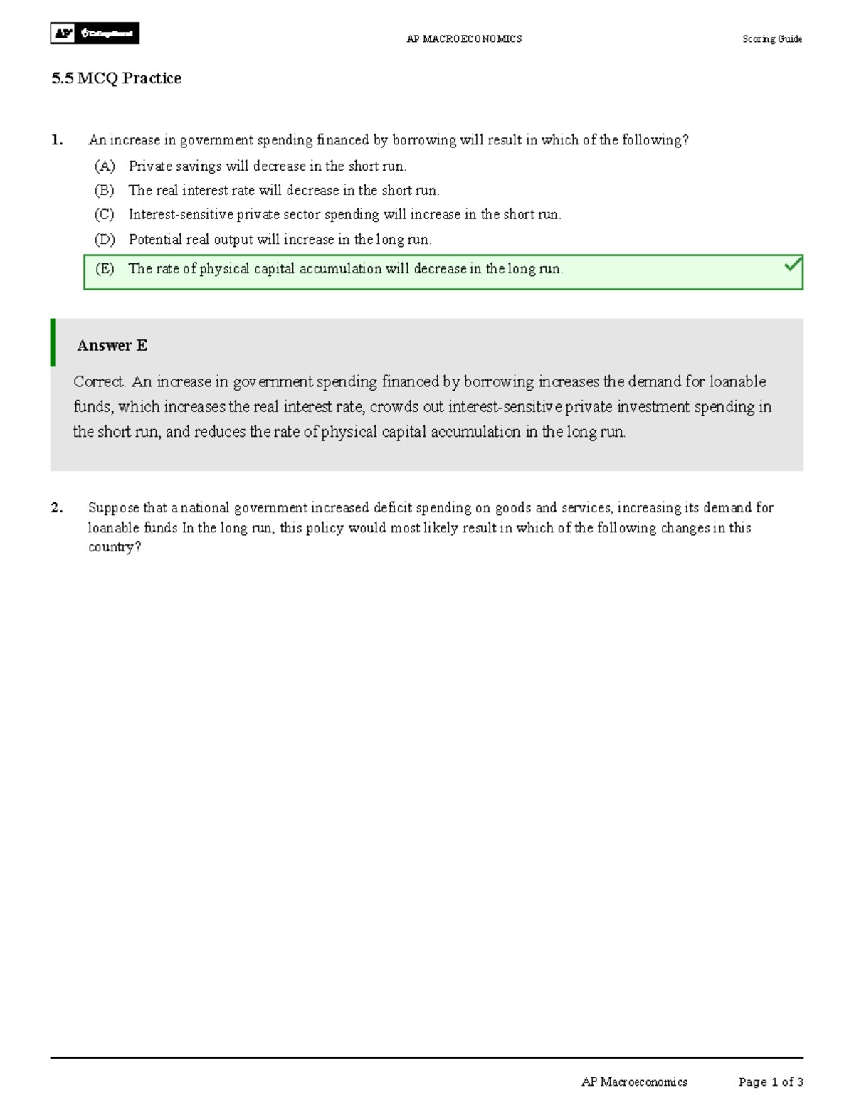 AP MACROECONOMICS 5.5 MCQ Practice Scoring Guide and Answers - Studocu