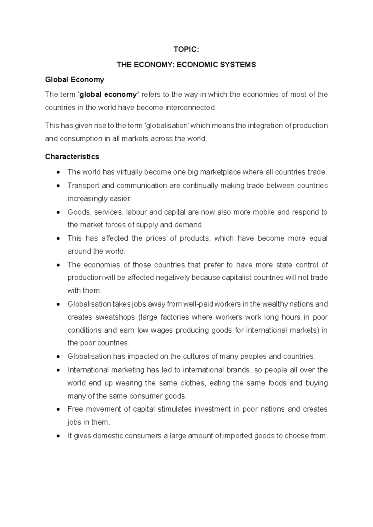 Economic Systems: Global Economy and Globalization Case Study - Studocu