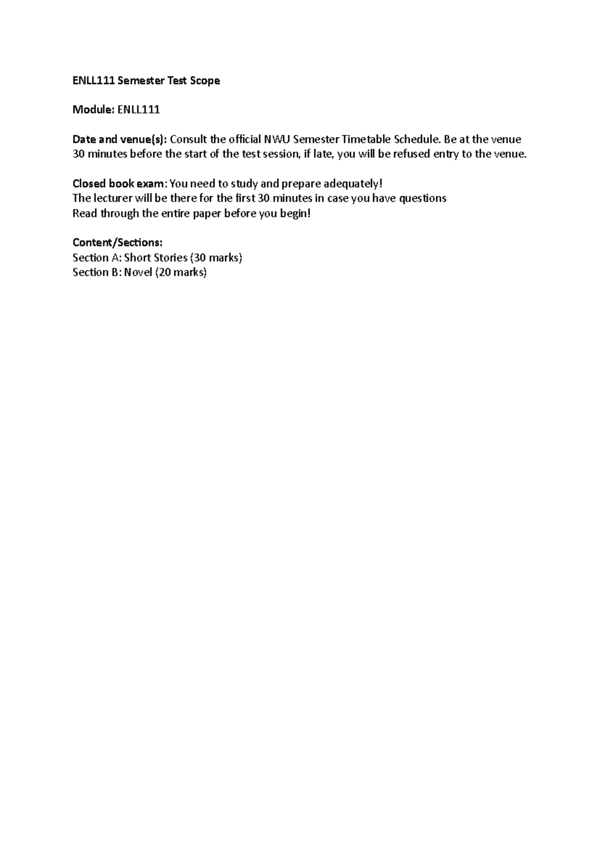ENLL111 Mid-Semester Test Scope - 2025 - ENLL111 Semester Test Scope ...